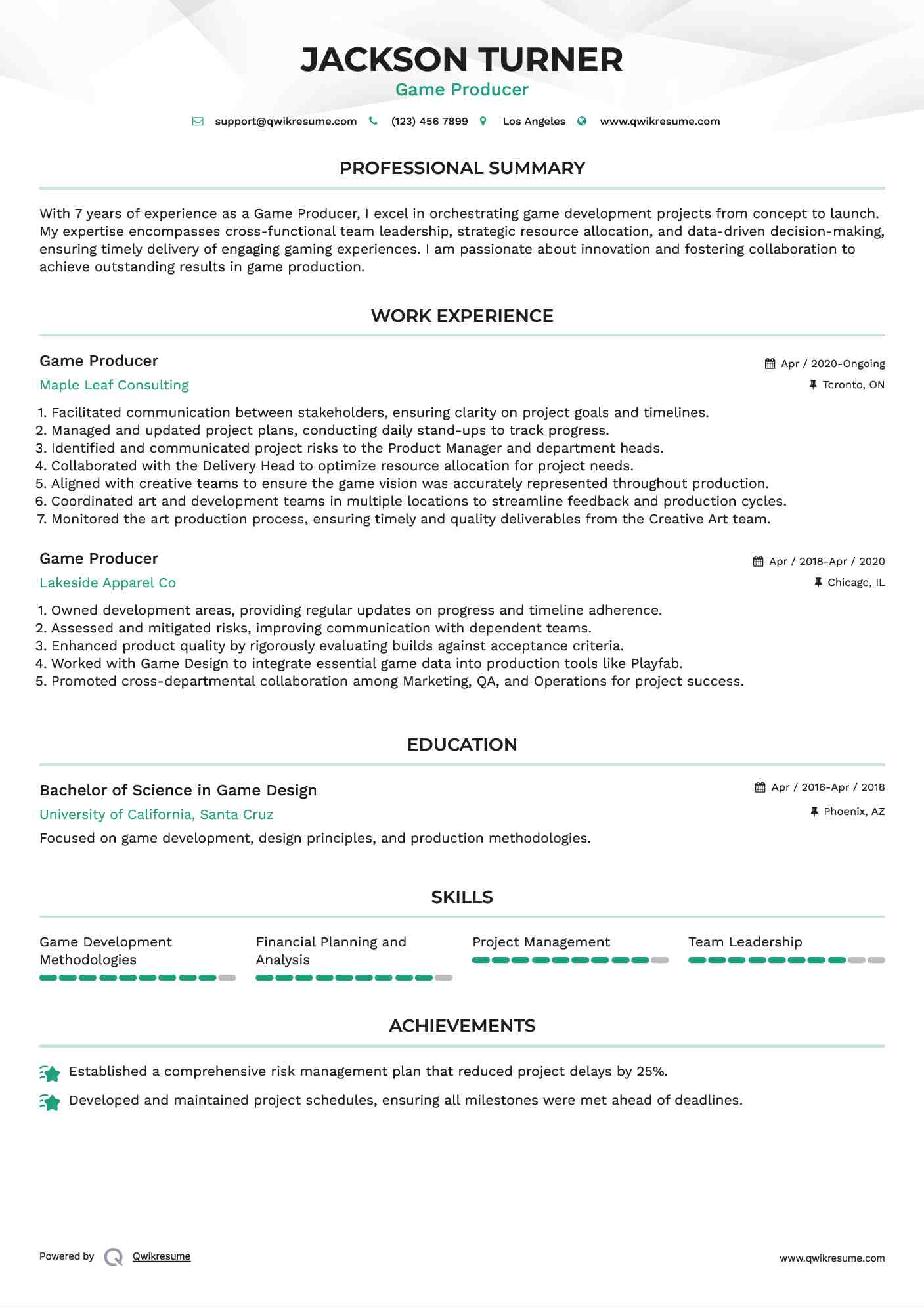 Game Producer Resume Template