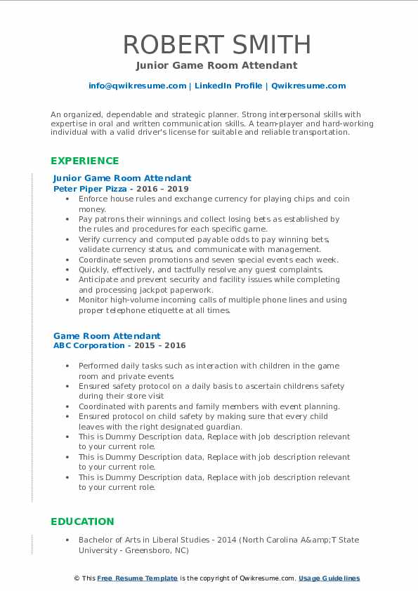 Game Room Attendant Resume Samples QwikResume