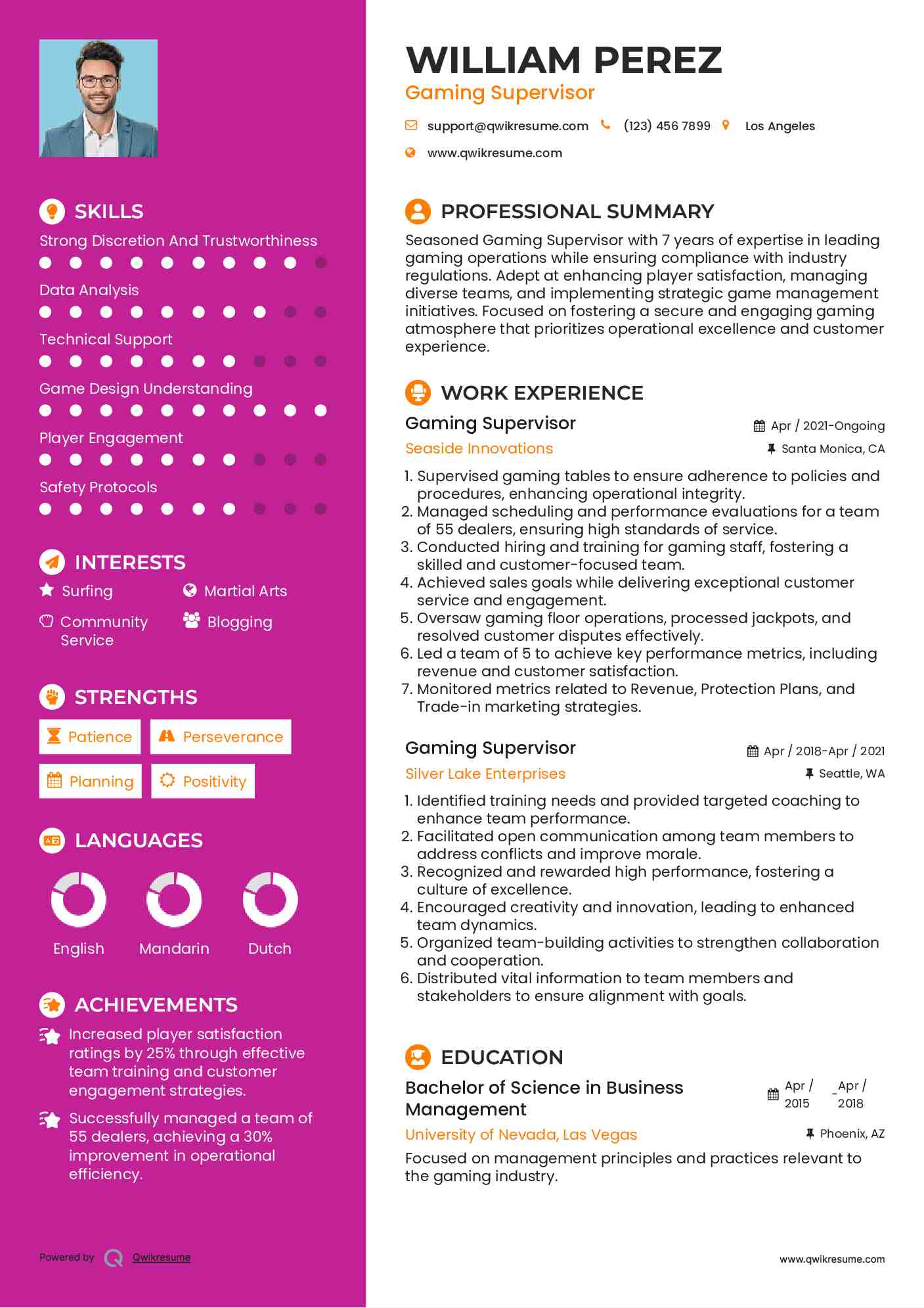 Gaming Supervisor Resume Template