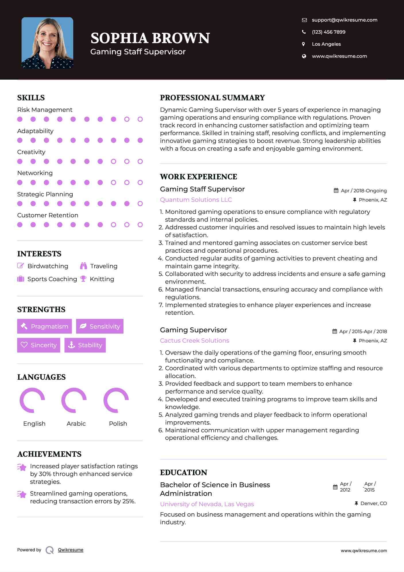 Gaming Staff Supervisor Resume Template