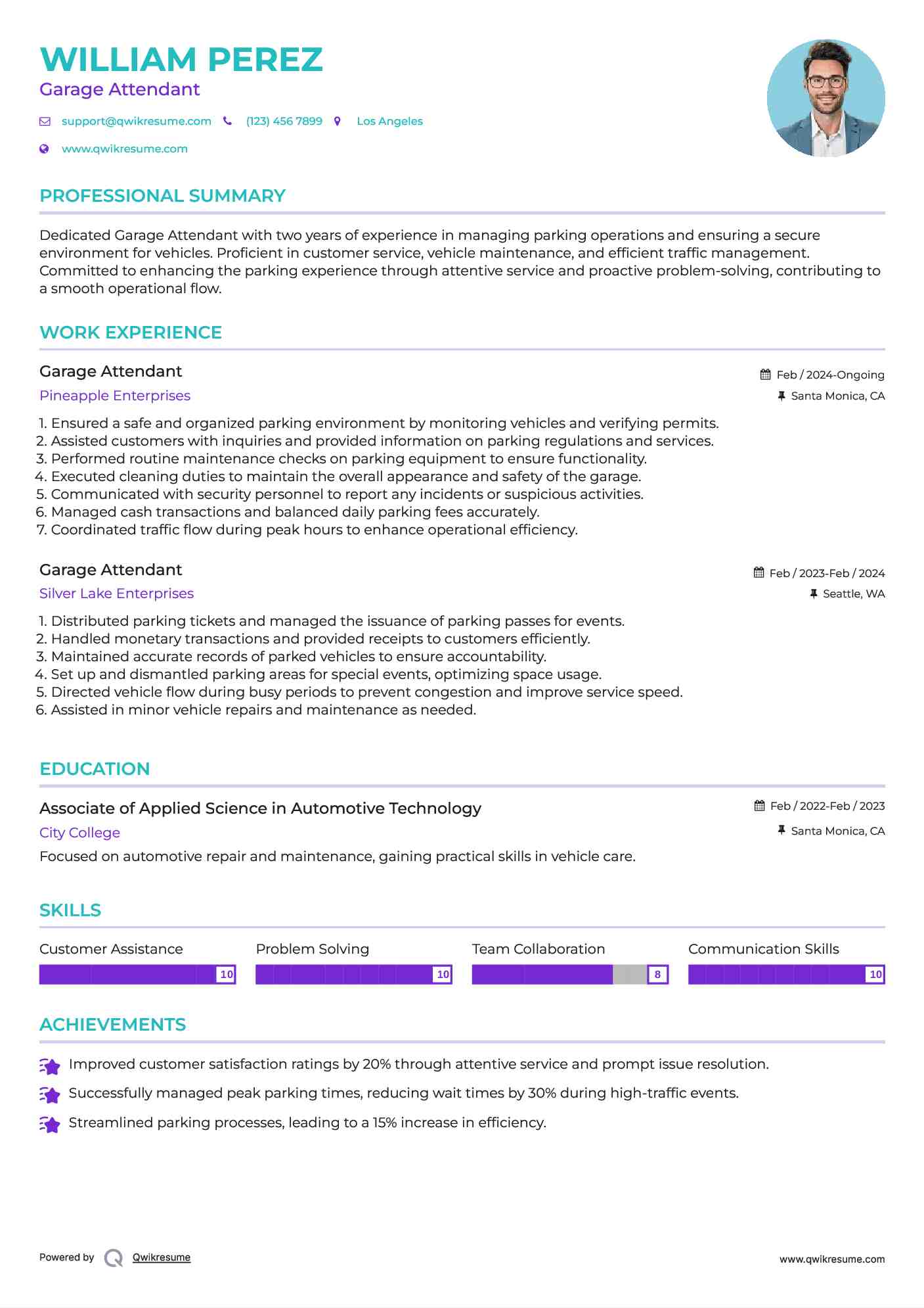 Garage Attendant Resume Template