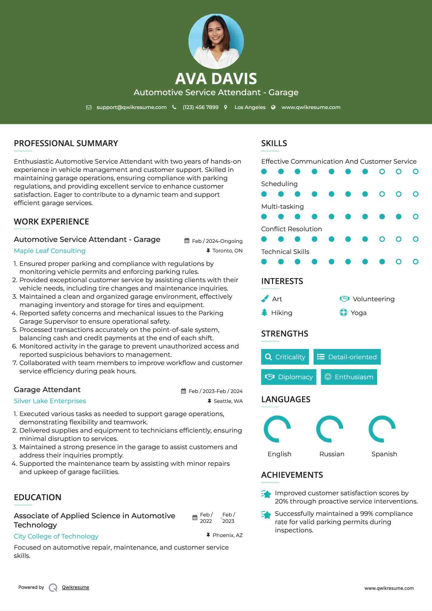 Automotive Service Attendant - Garage Resume Model