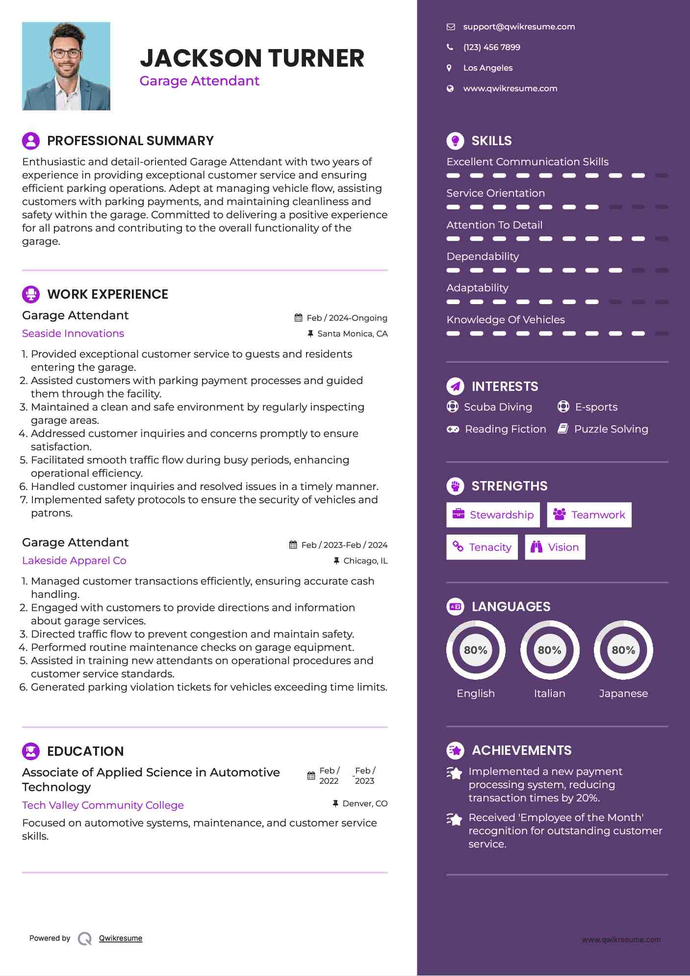 Garage Attendant Resume Template