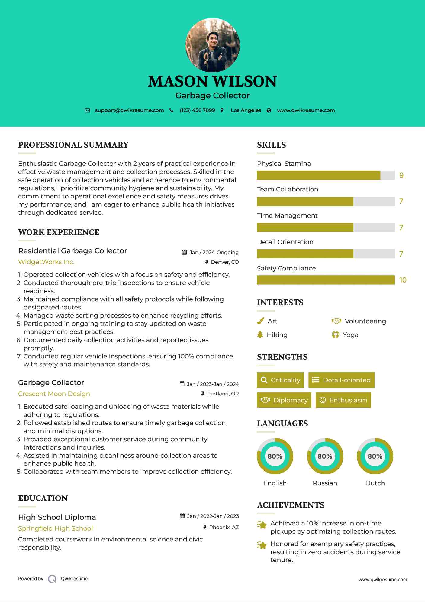 Residential Garbage Collector Resume Model