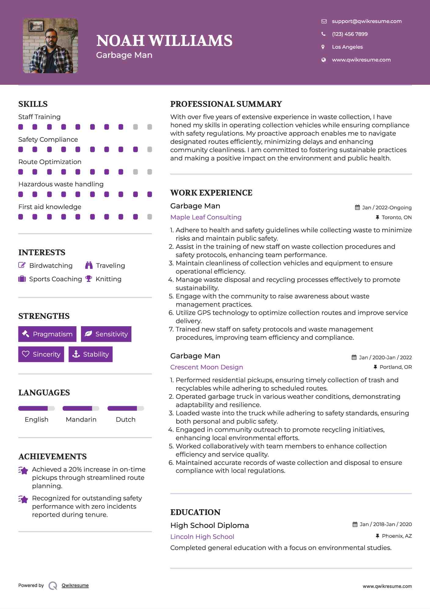 Garbage Man Resume Samples QwikResume