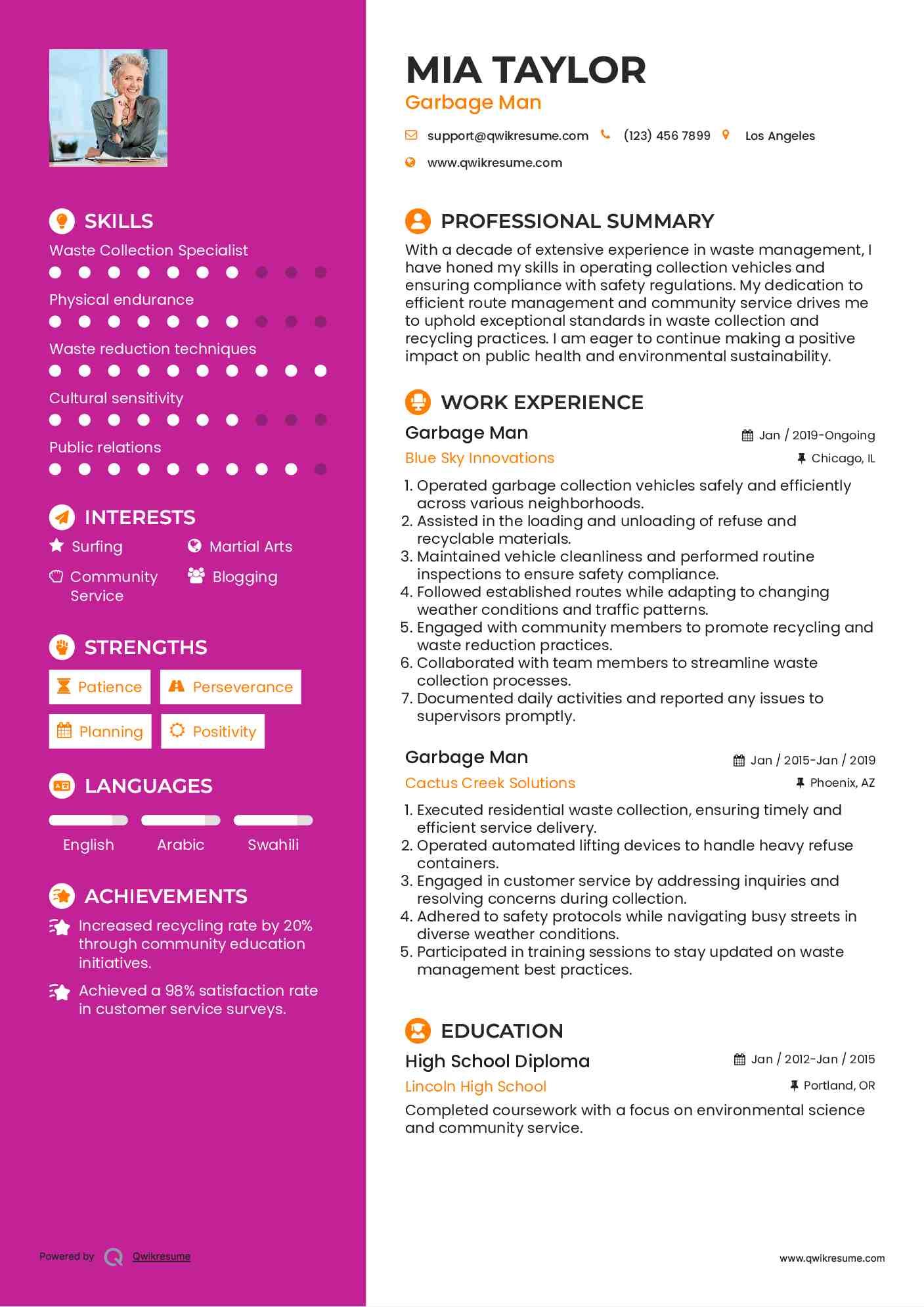 Garbage Man Resume Example