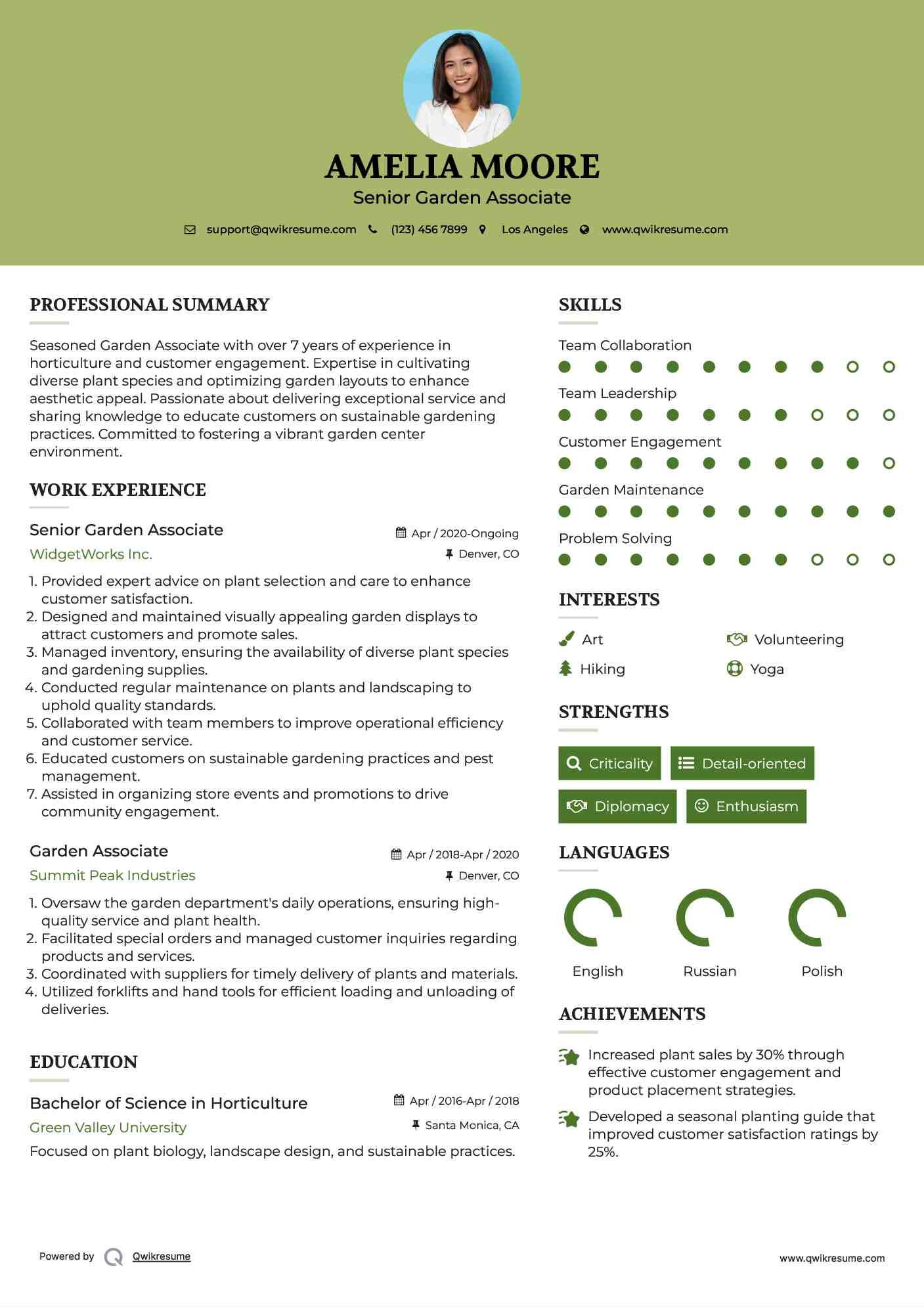 Senior Garden Associate Resume Sample