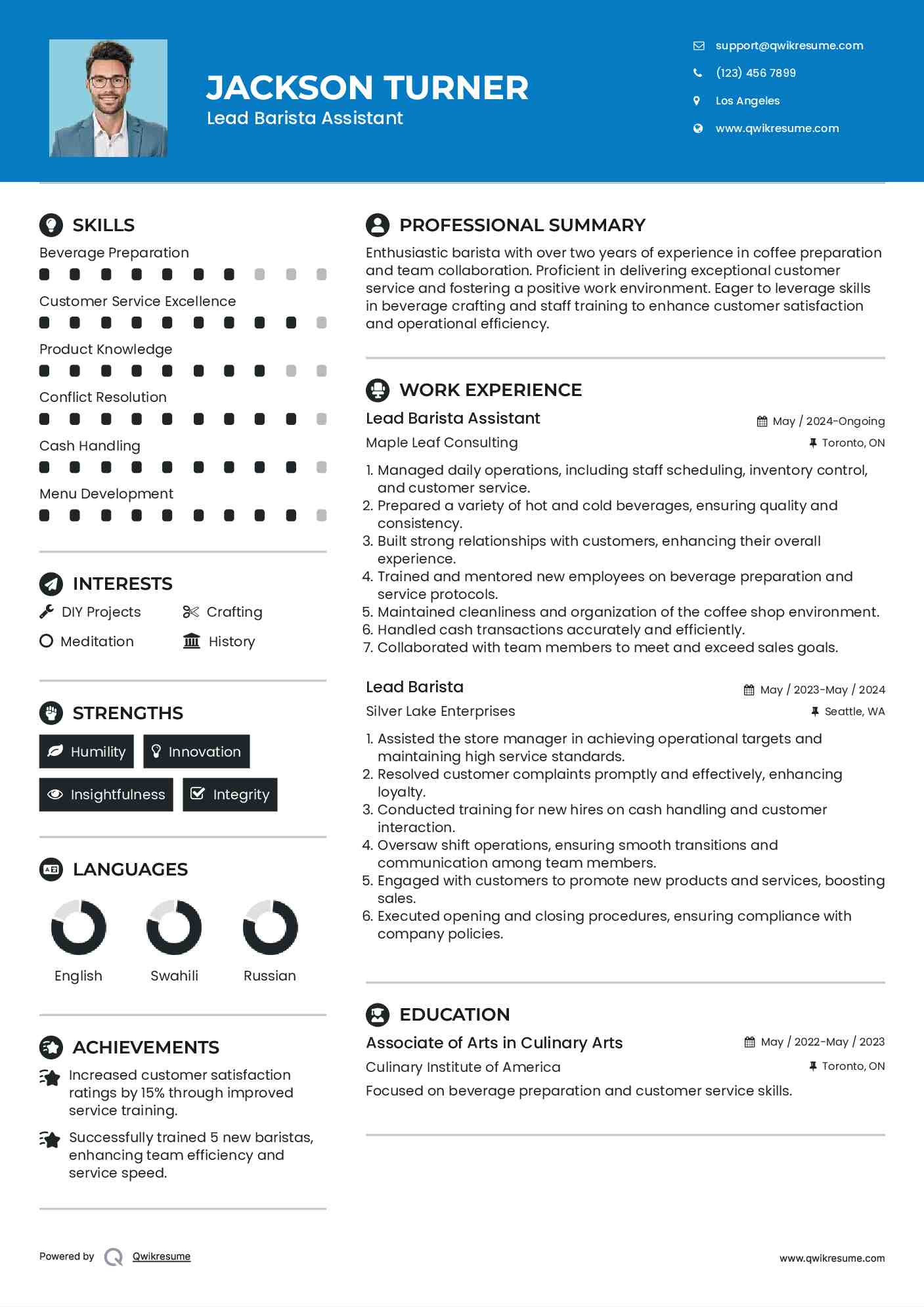 Lead Barista Assistant Resume Example