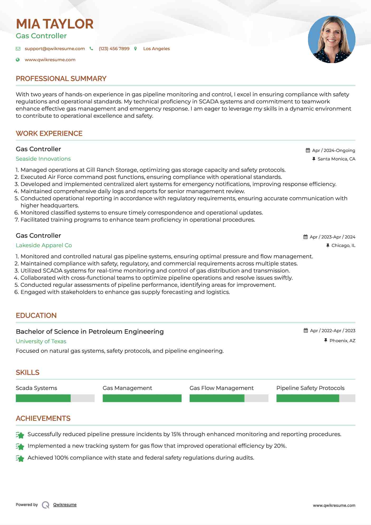 Gas Controller Resume Format
