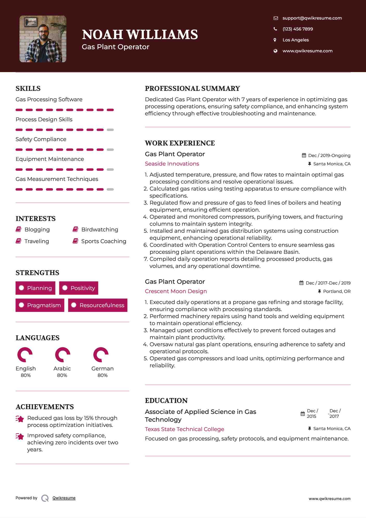 Gas Plant Operator Resume Sample