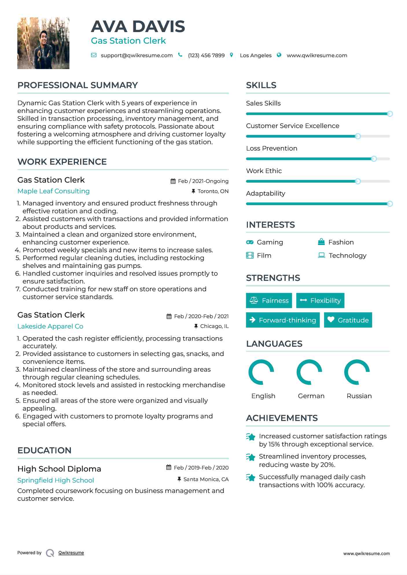 Gas Station Clerk Resume Model