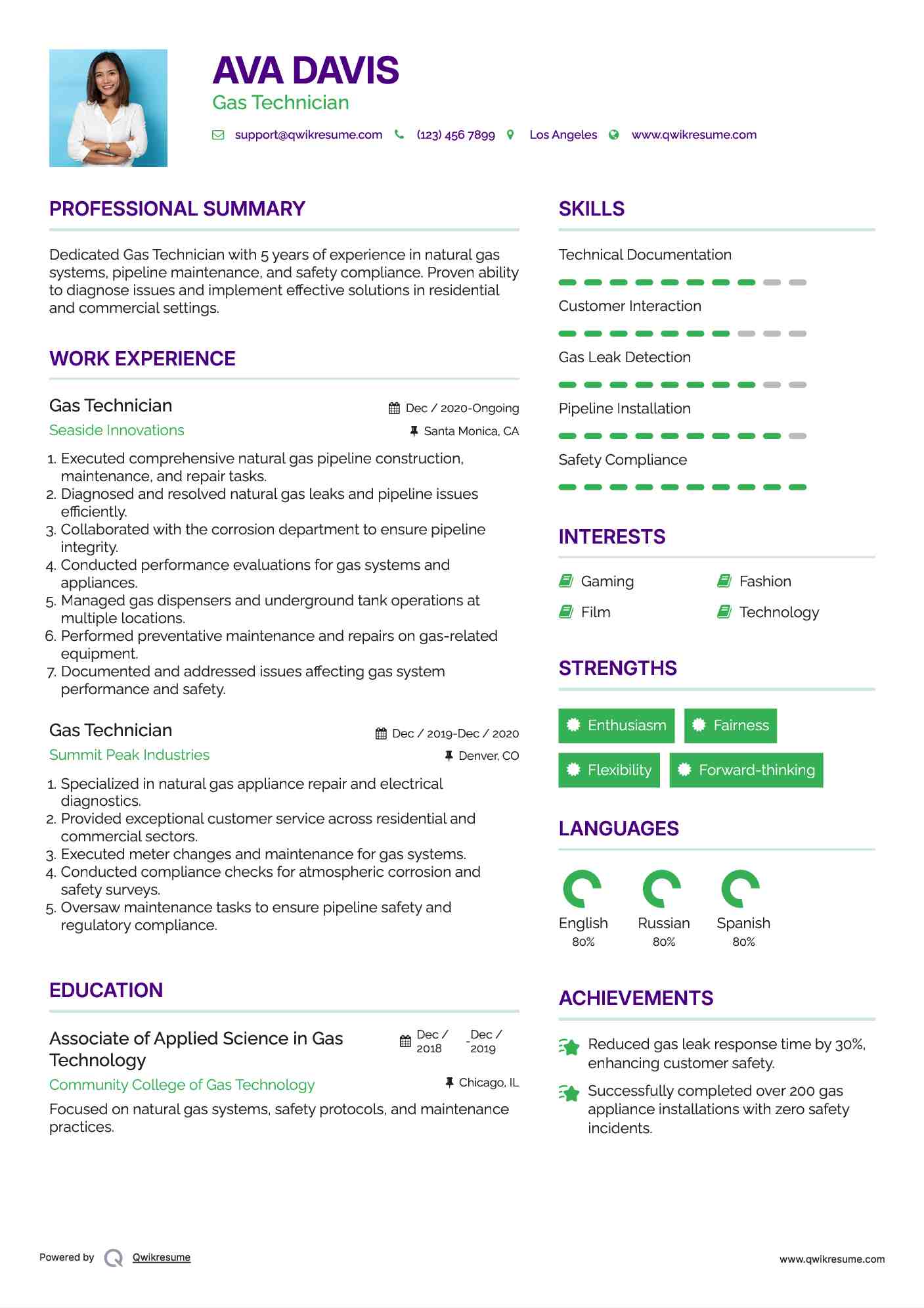 Gas Technician Resume Example