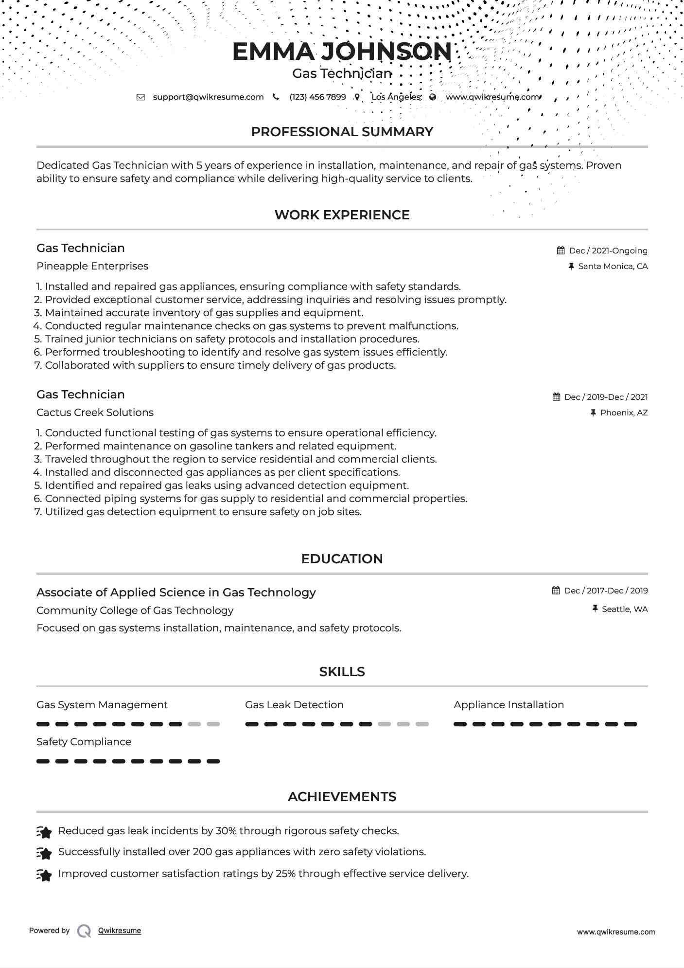 Gas Technician Resume Example
