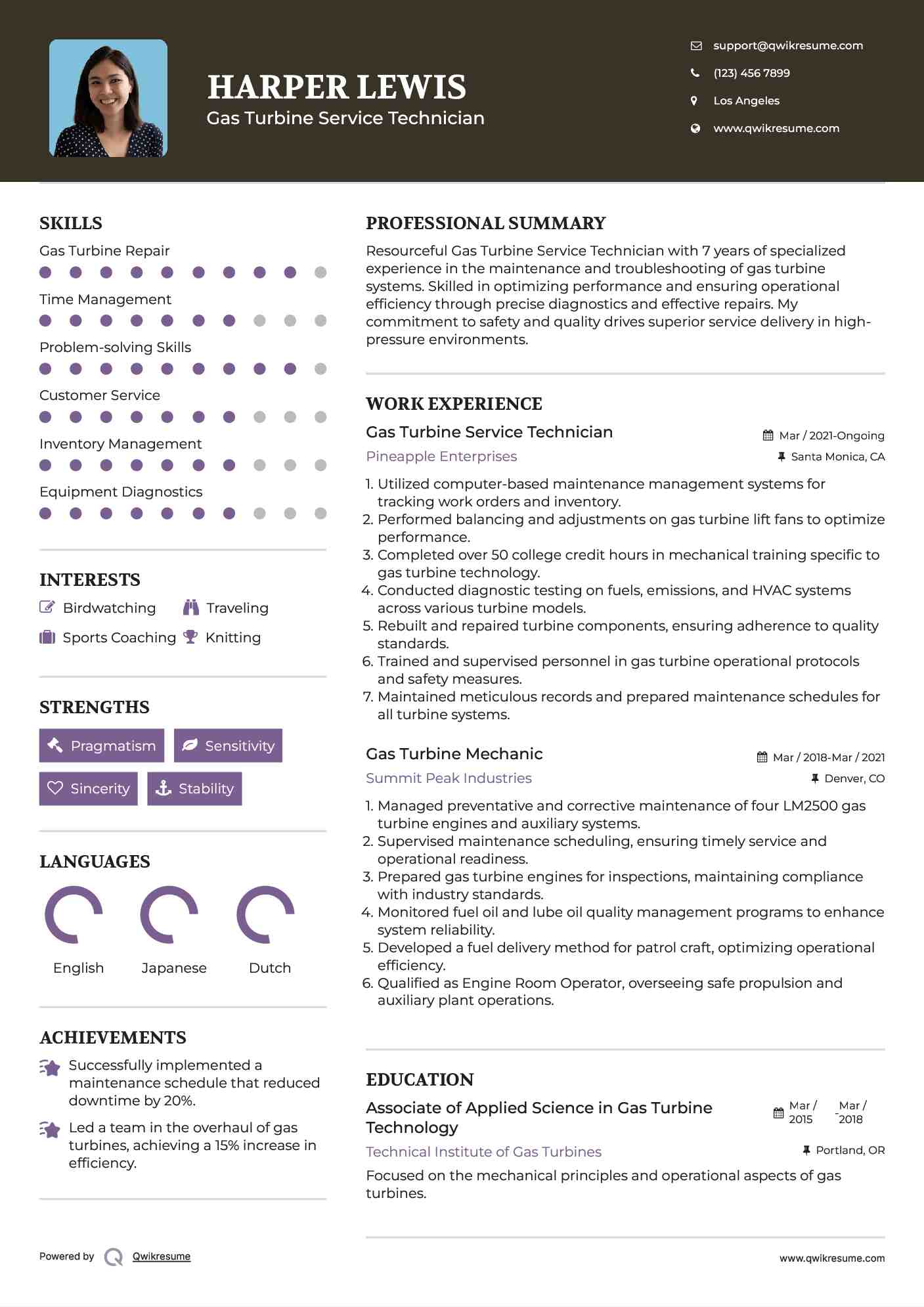 Gas Turbine Service Technician Resume Model
