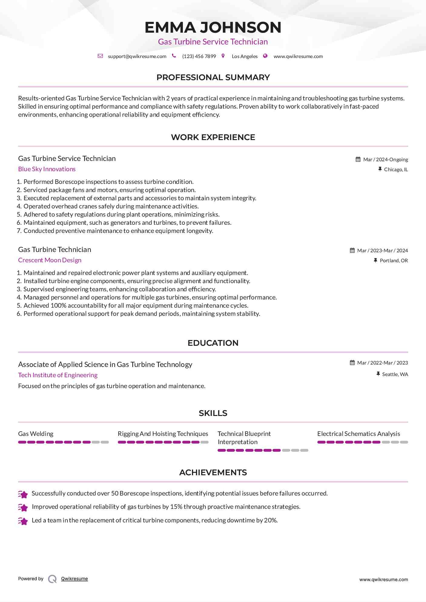 Gas Turbine Service Technician Resume Sample