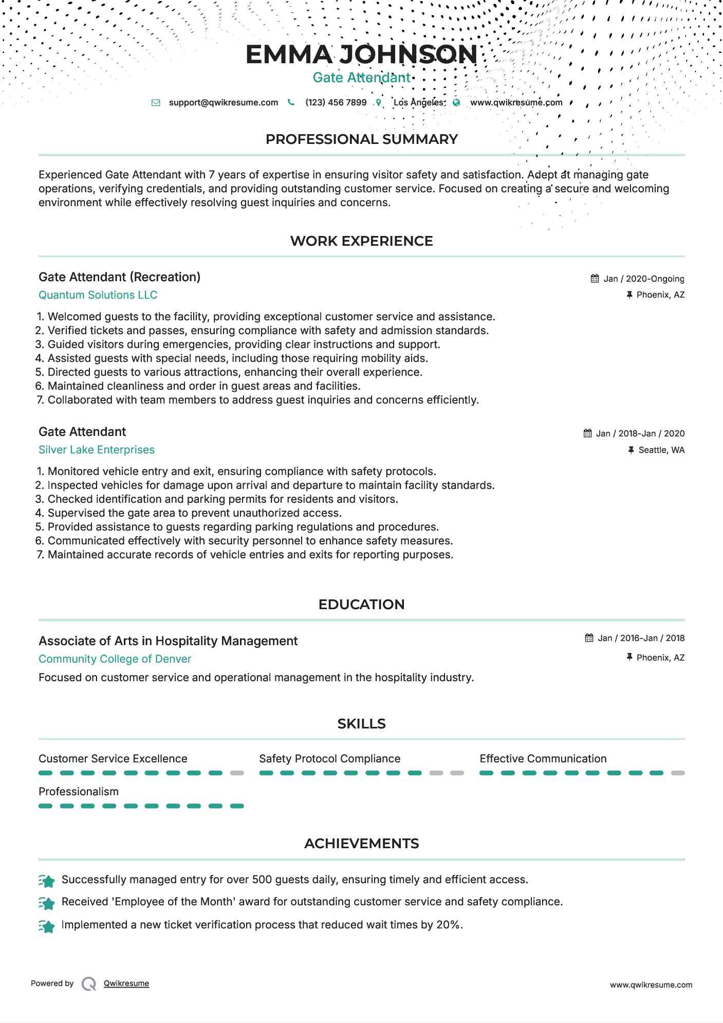 Gate Attendant (Recreation) Resume Template