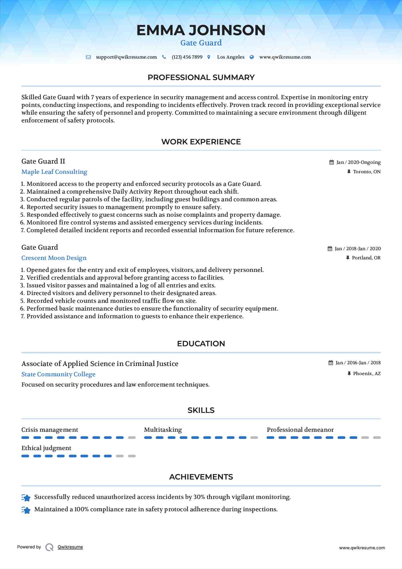Gate Guard II Resume Sample