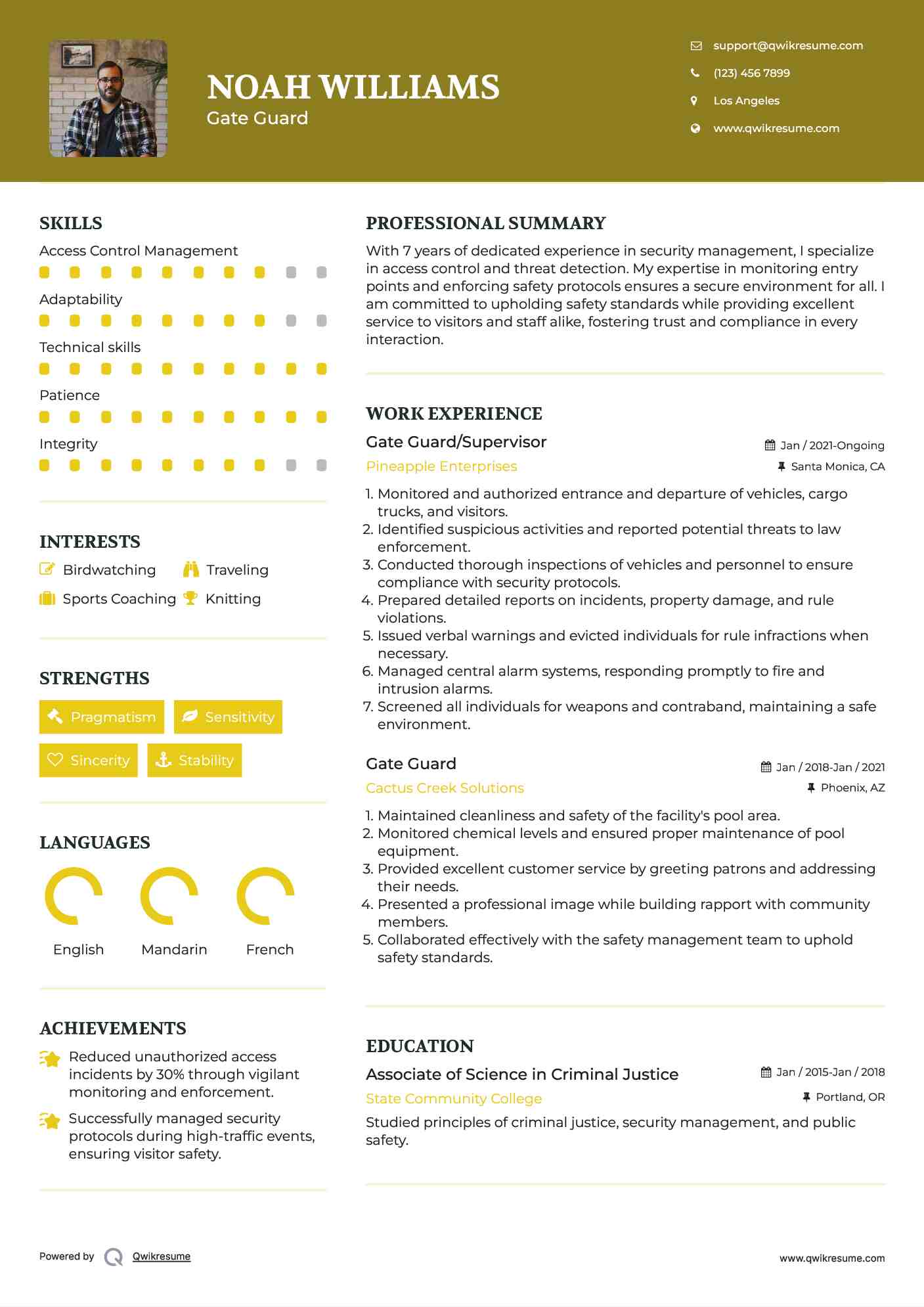 Gate Guard/Supervisor Resume Model