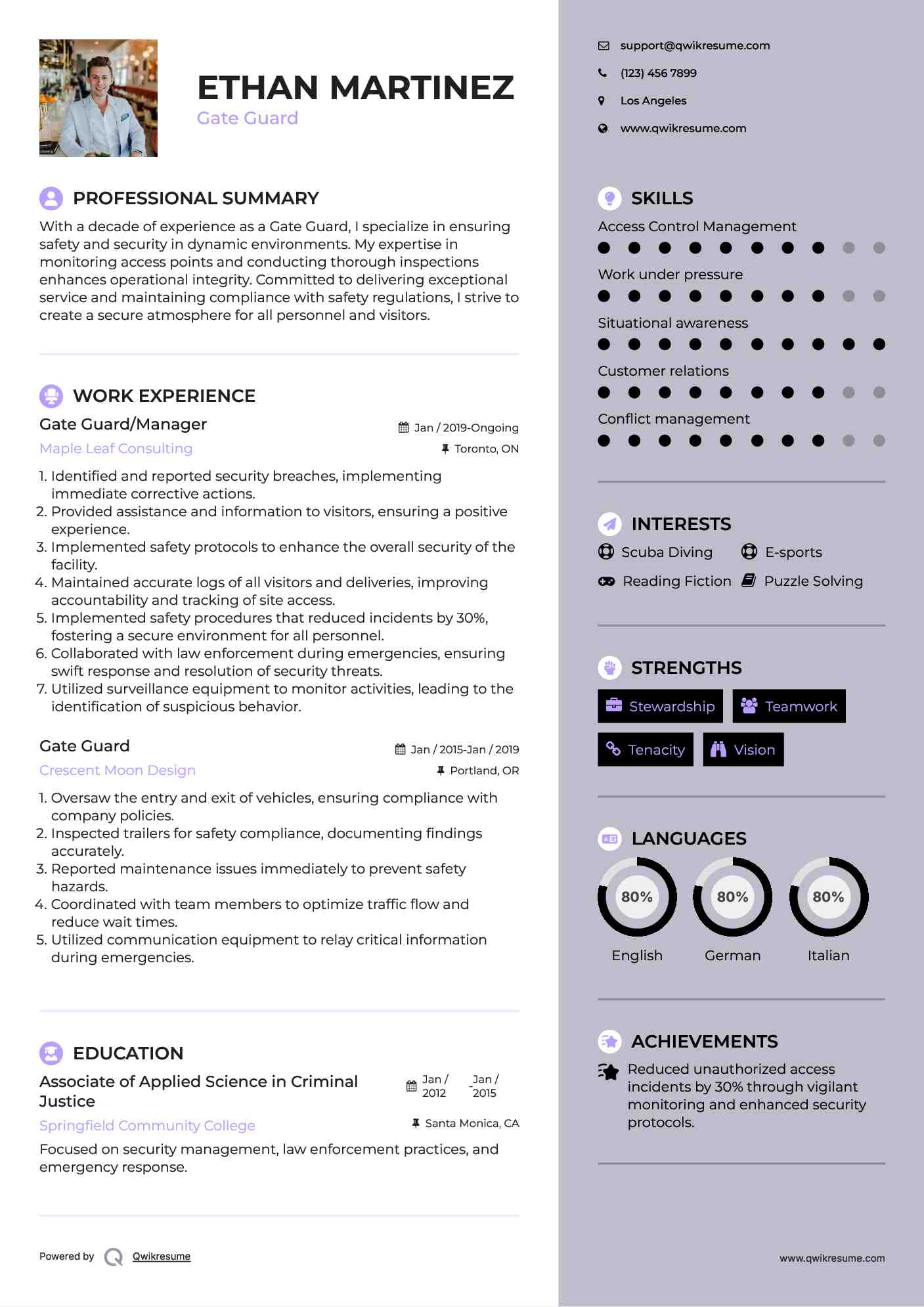 Gate Guard/Manager Resume Sample