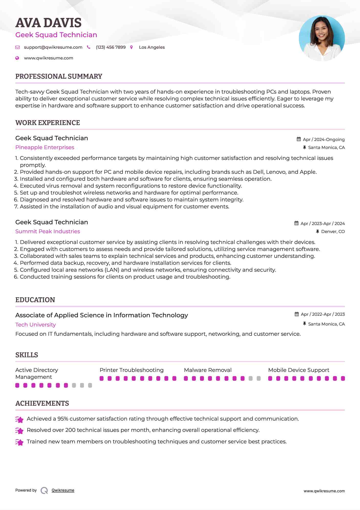 Geek Squad Technician Resume Sample