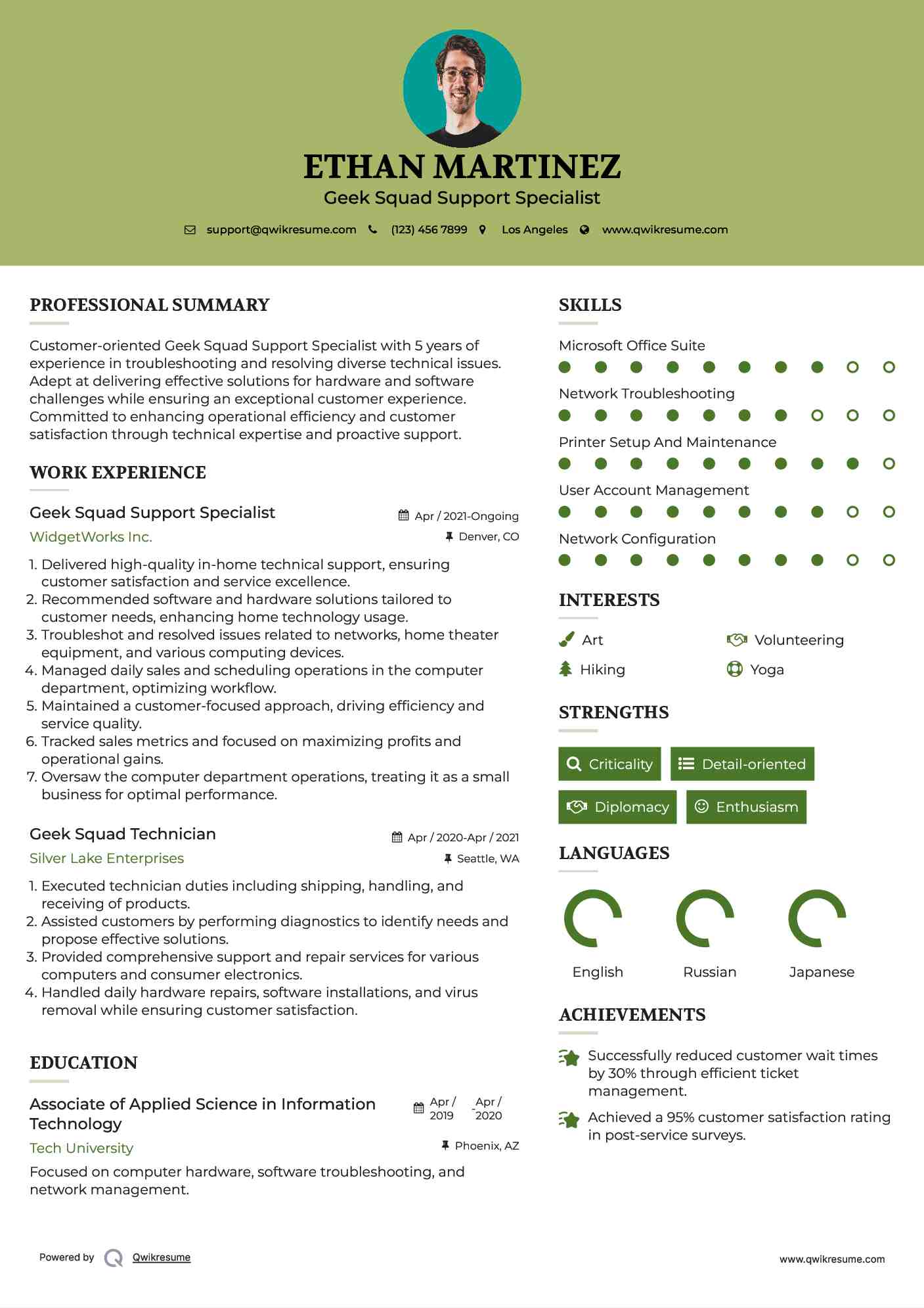 Geek Squad Support Specialist Resume Format