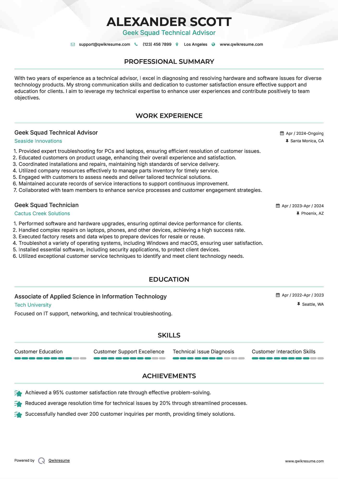 Geek Squad Technical Advisor Resume Template