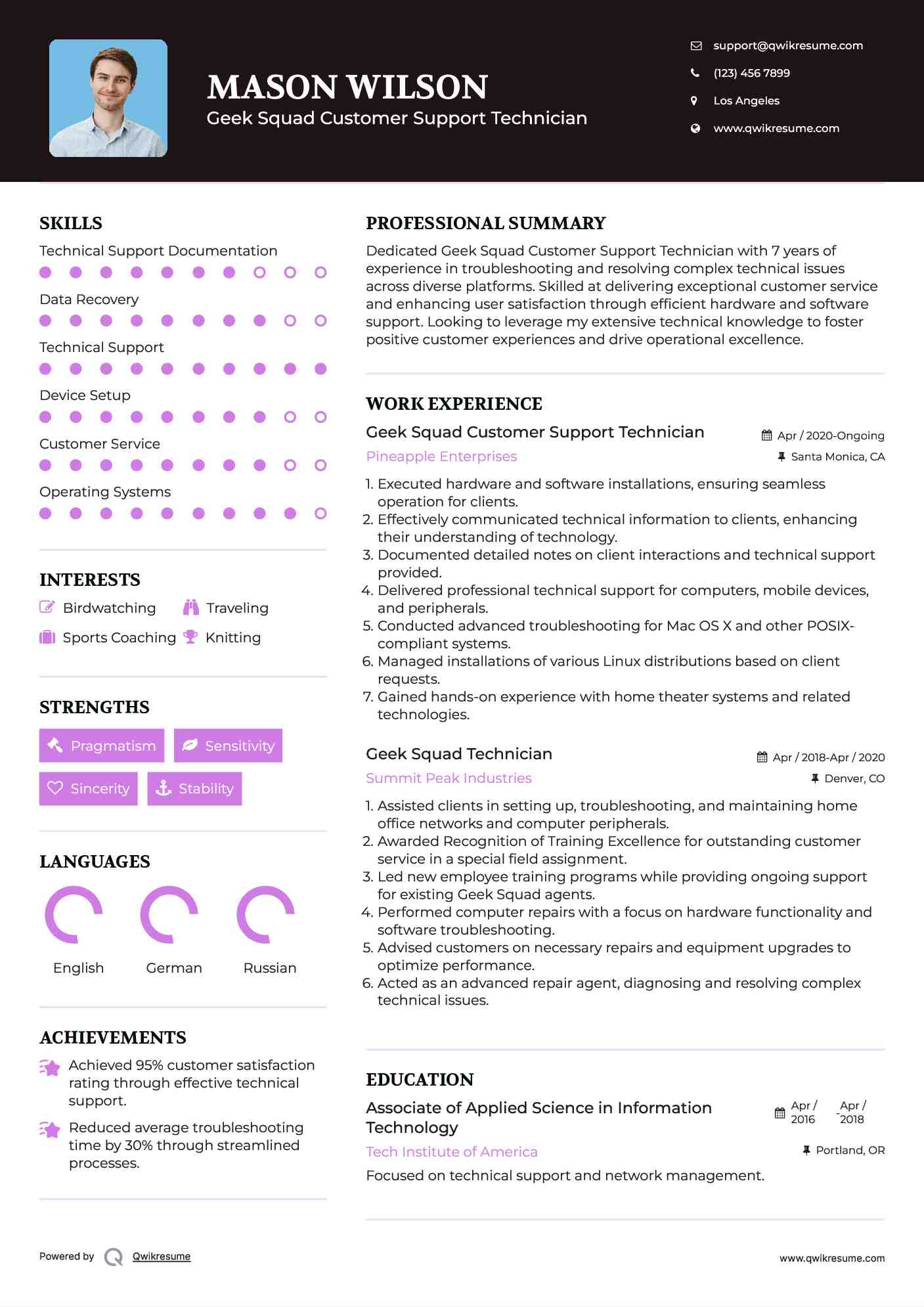 Geek Squad Customer Support Technician Resume Template
