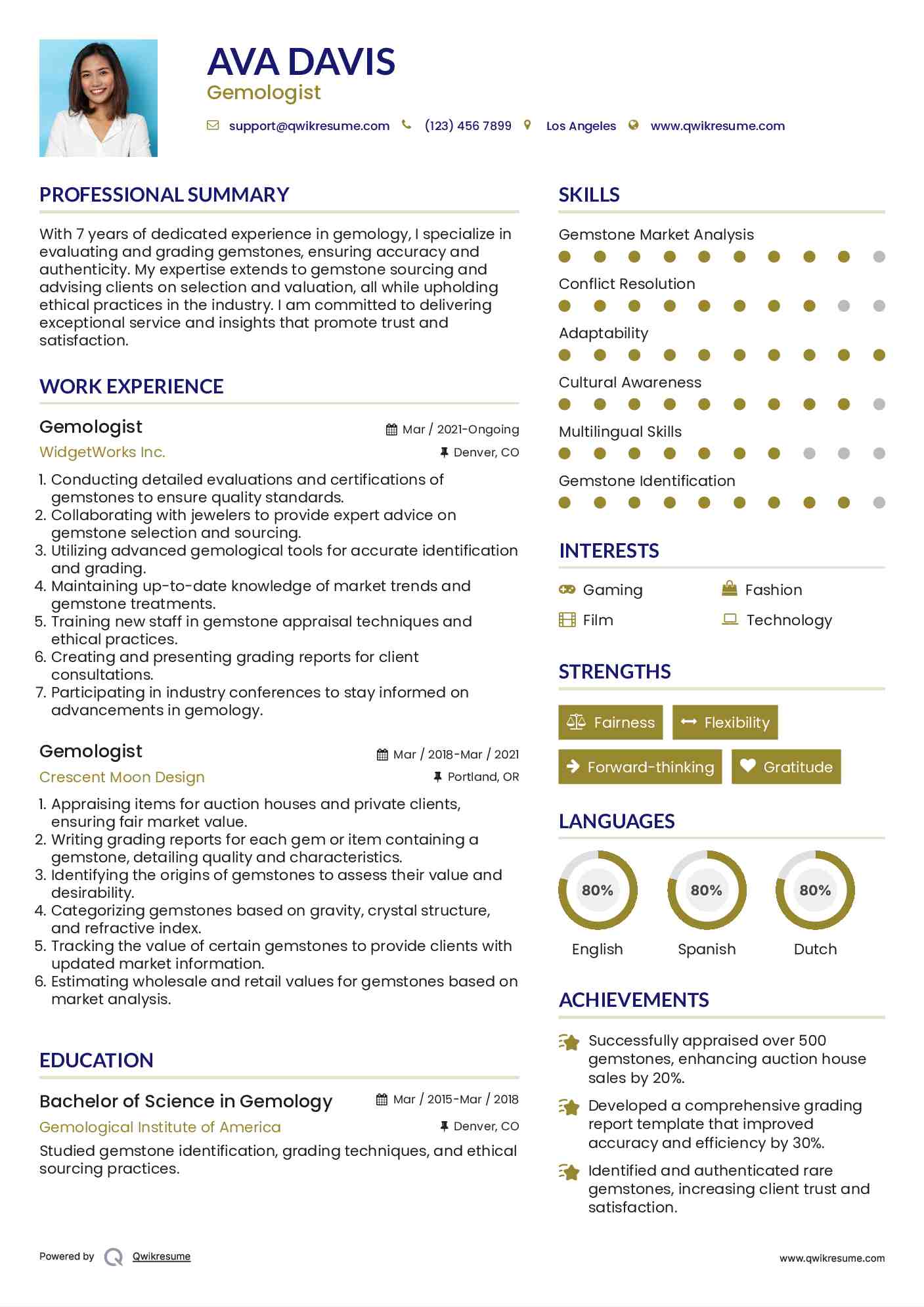 Gemologist Resume Example