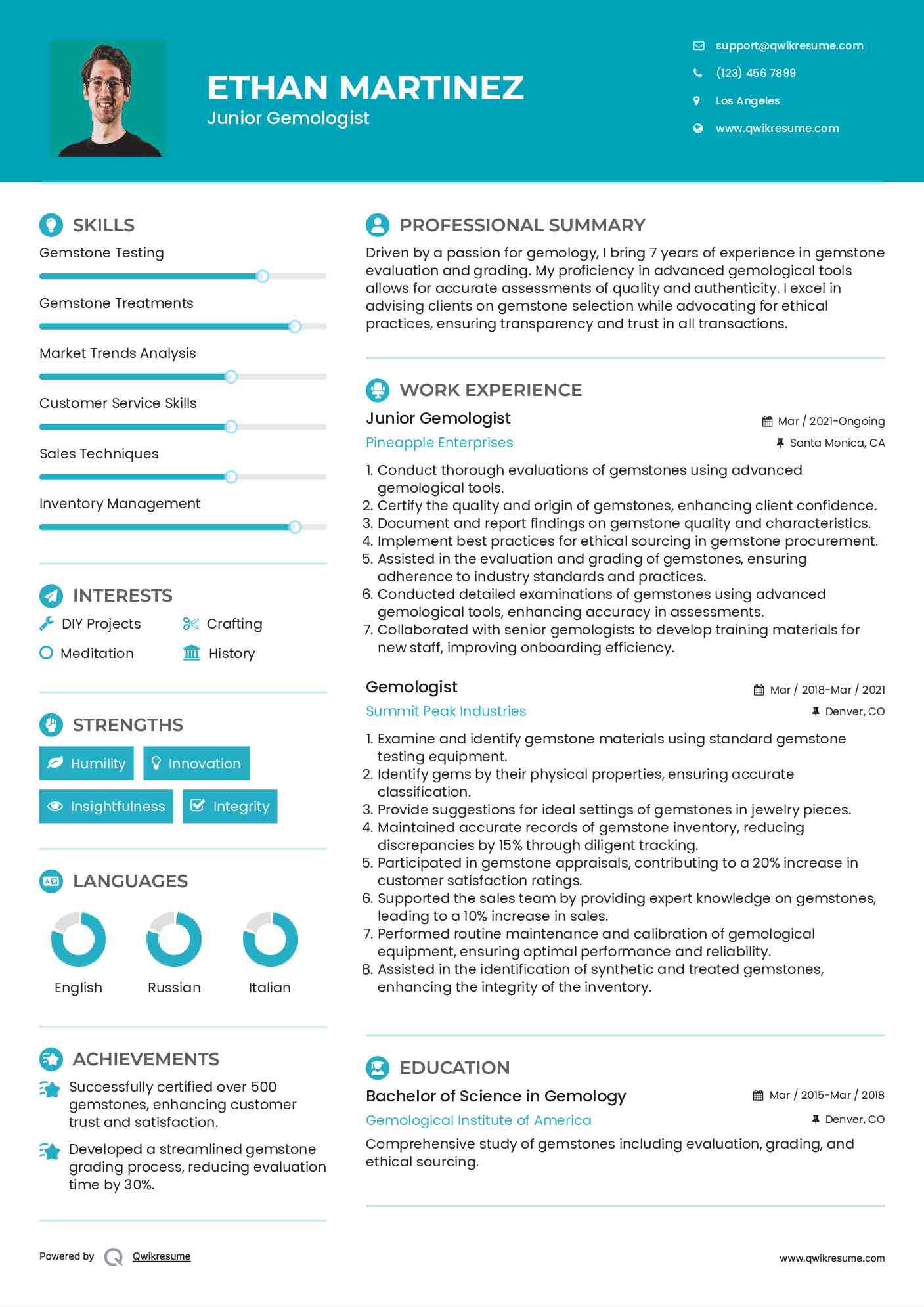 Junior Gemologist Resume Example