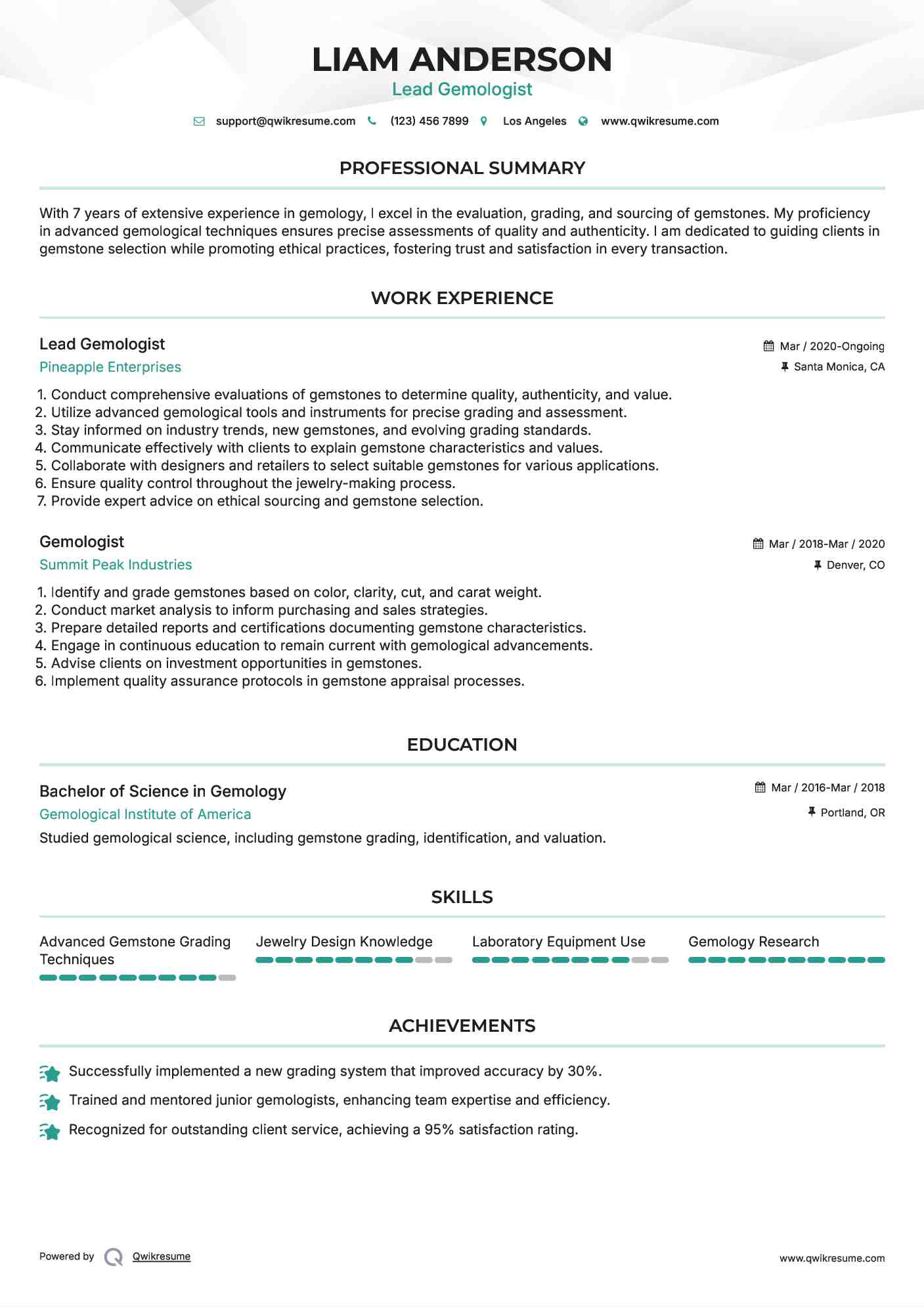 Lead Gemologist Resume Example