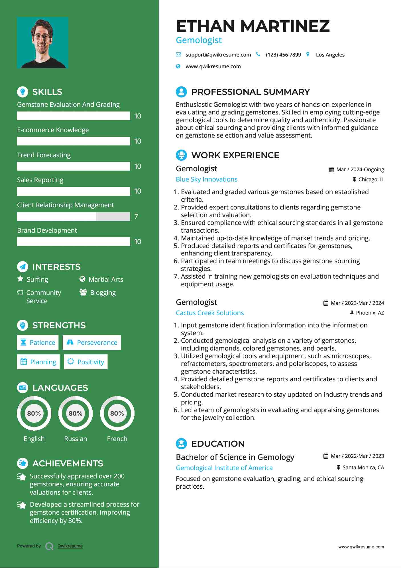 Gemologist Resume Sample