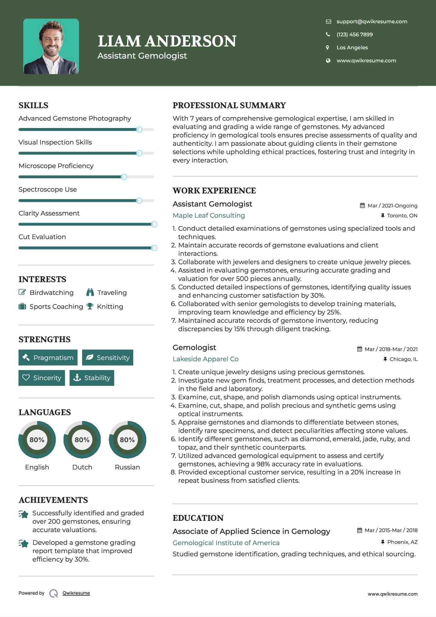 Assistant Gemologist Resume Example