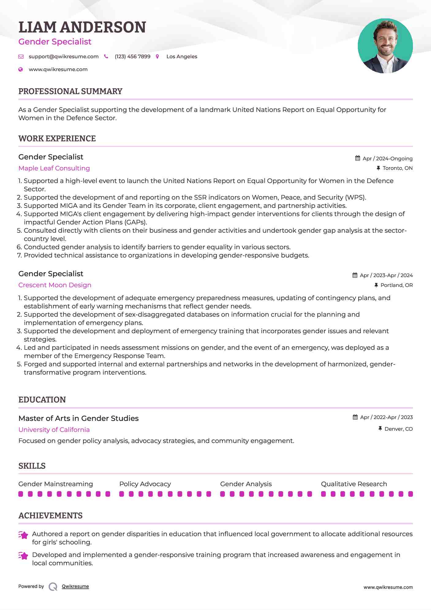 Gender Specialist Resume Example