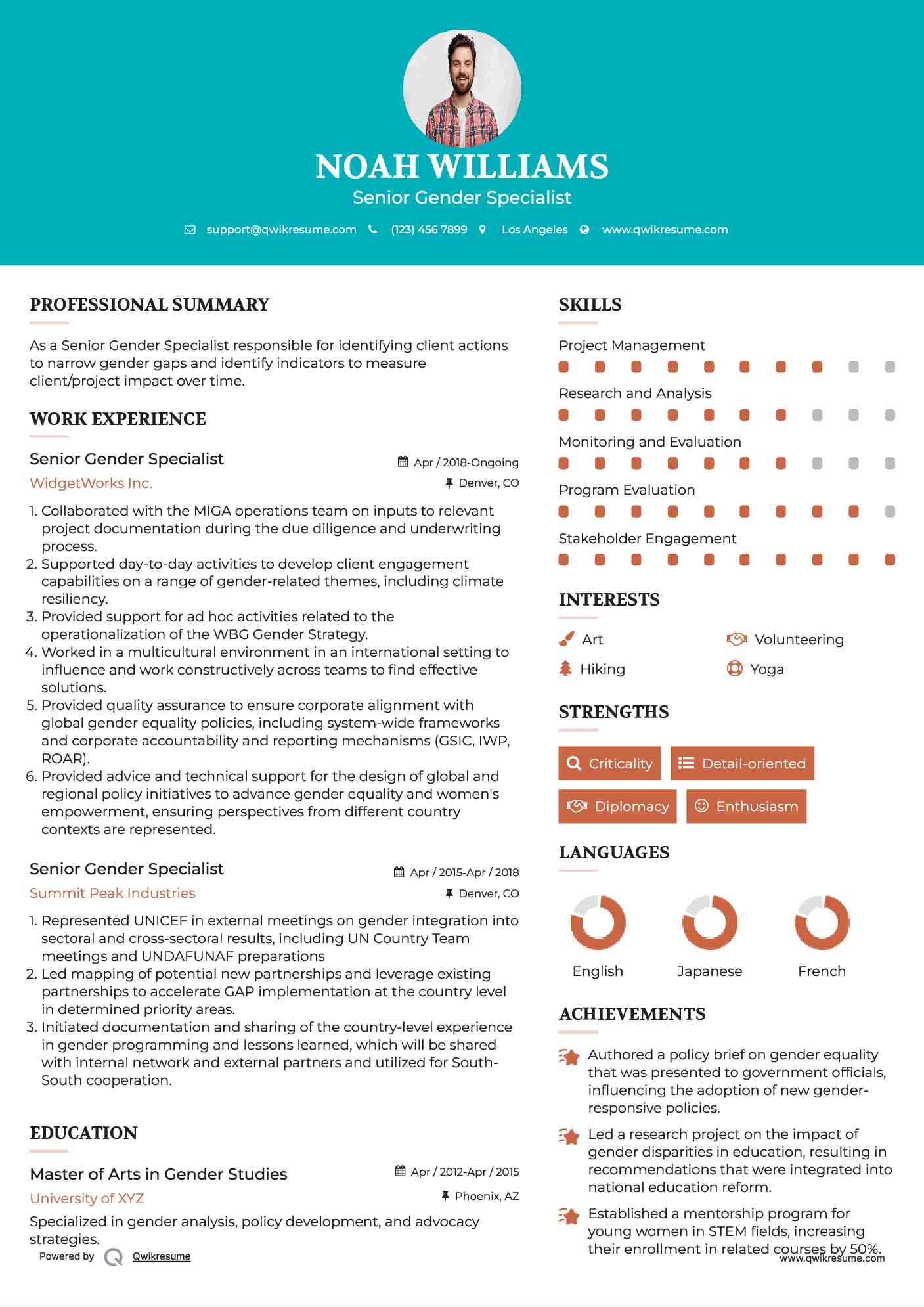 Senior Gender Specialist Resume Format