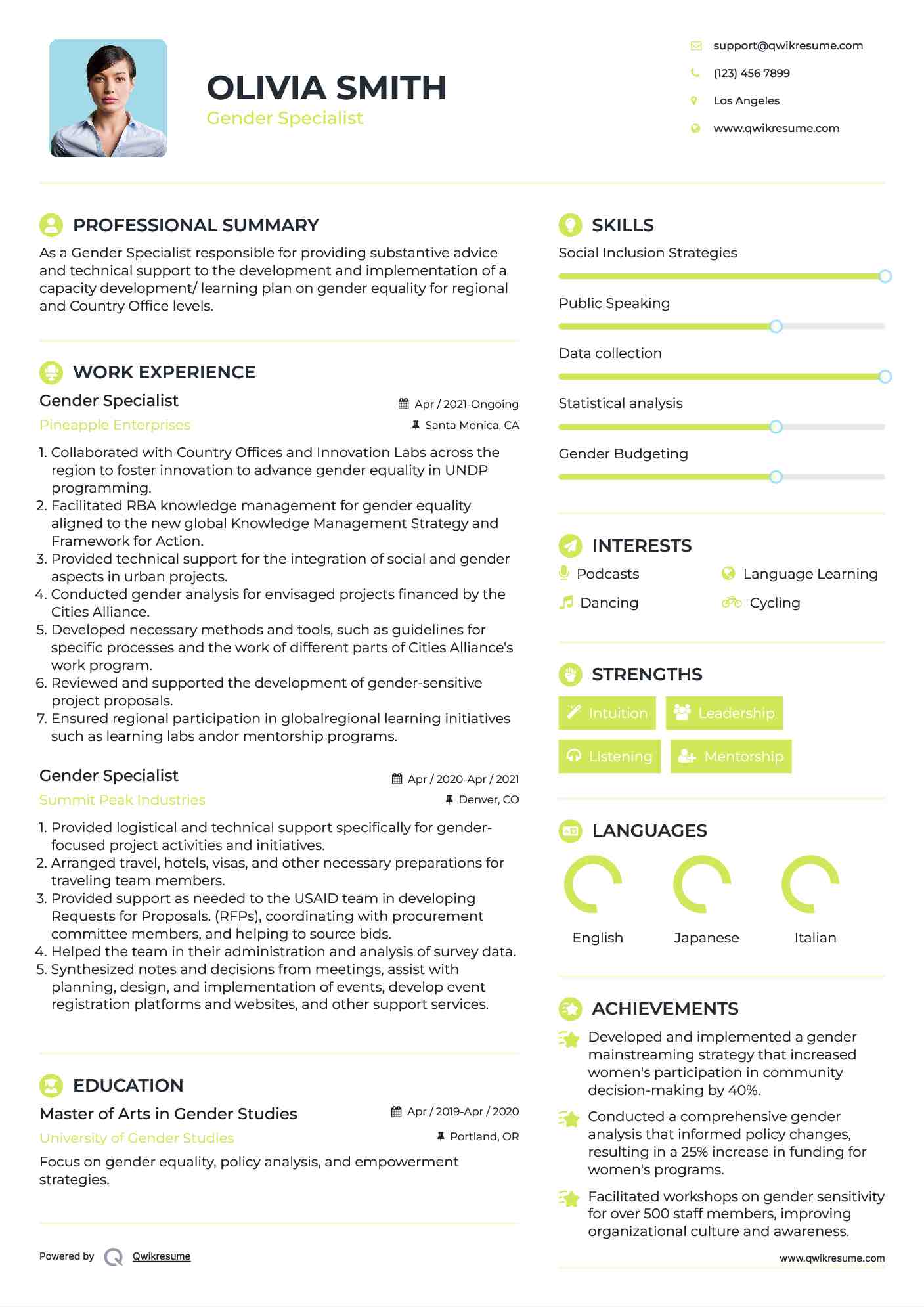 Gender Specialist Resume Format