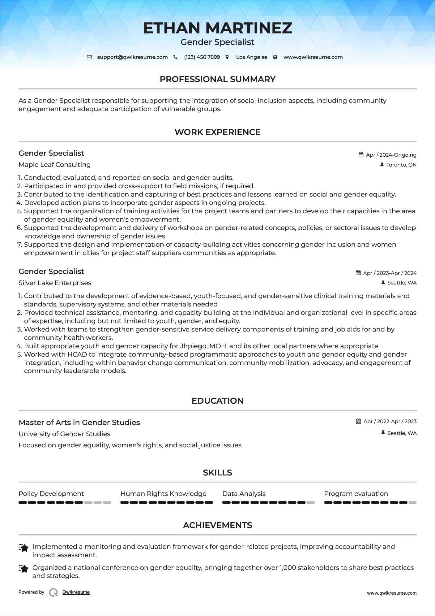 Gender Specialist Resume Template