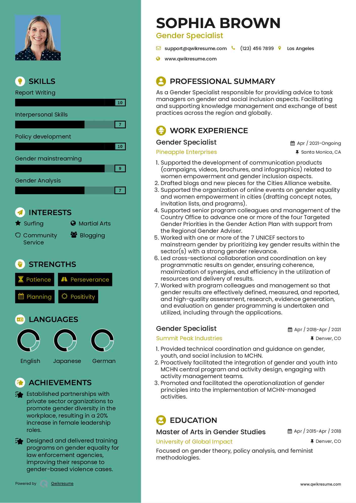 Gender Specialist Resume Sample