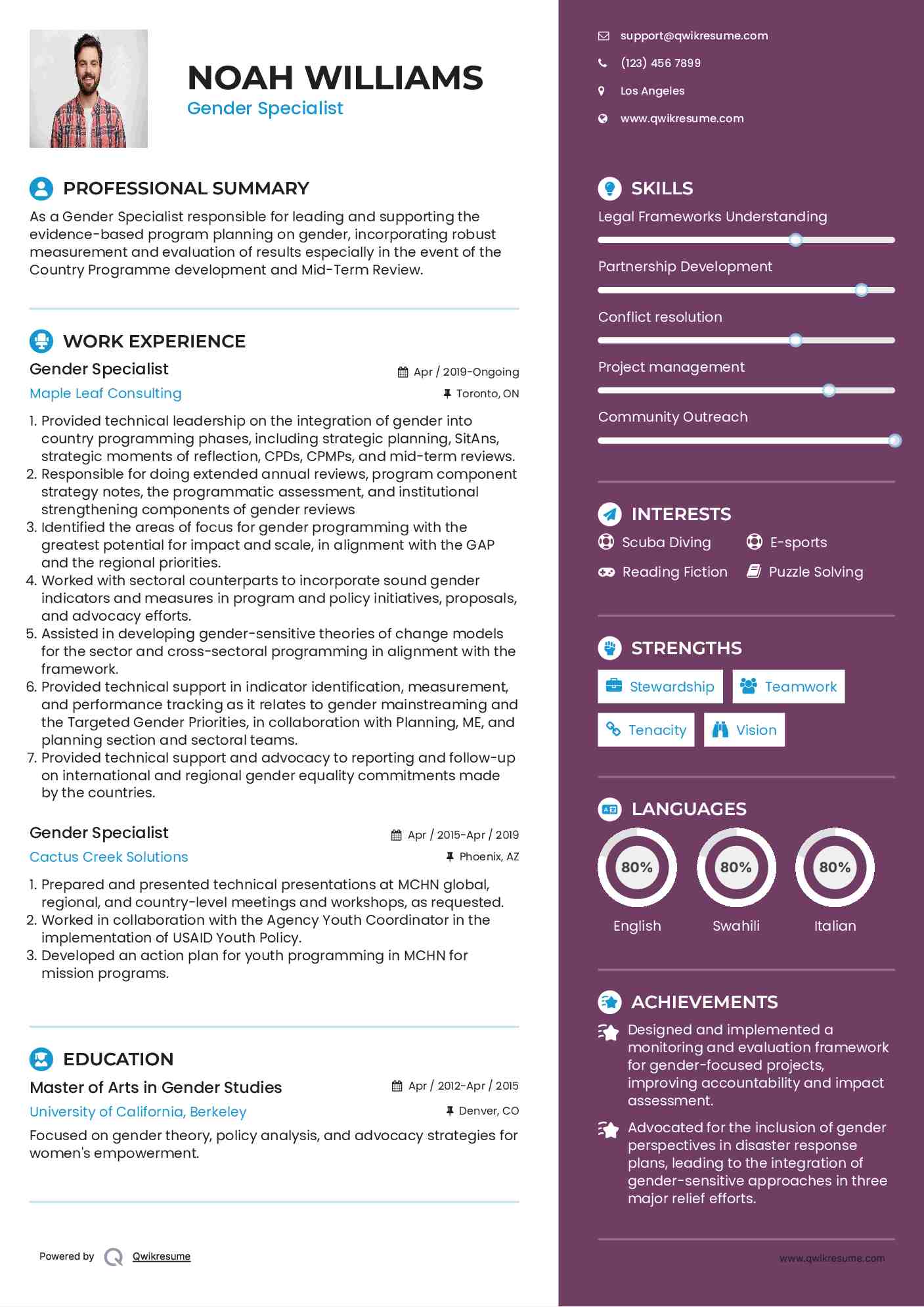 Gender Specialist Resume Example