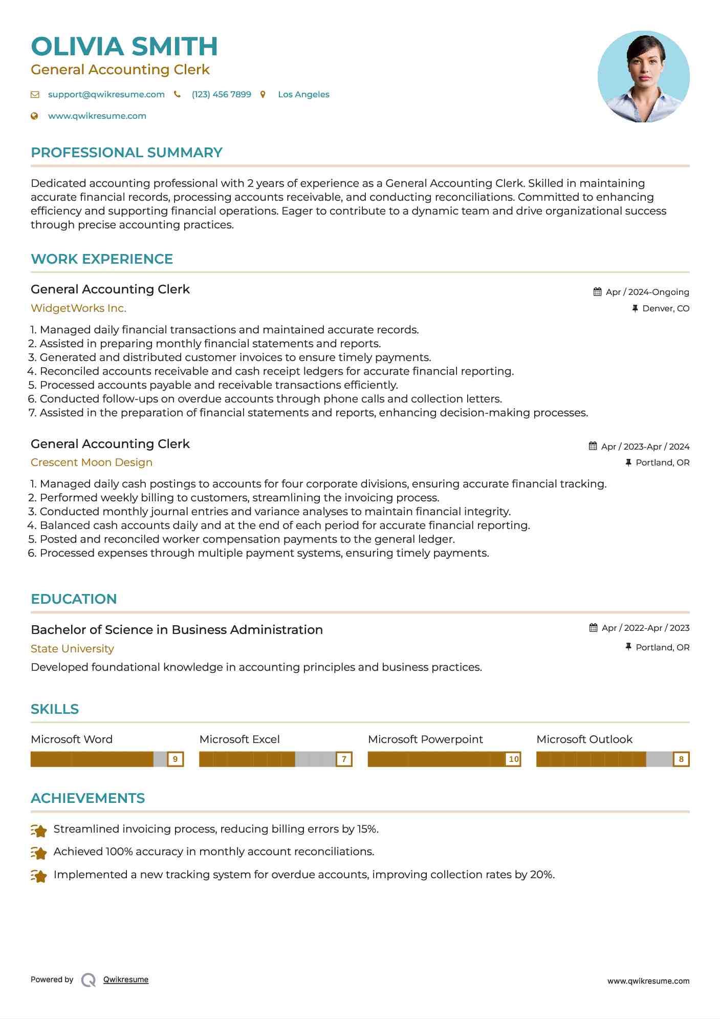 General Accounting Clerk Resume Sample