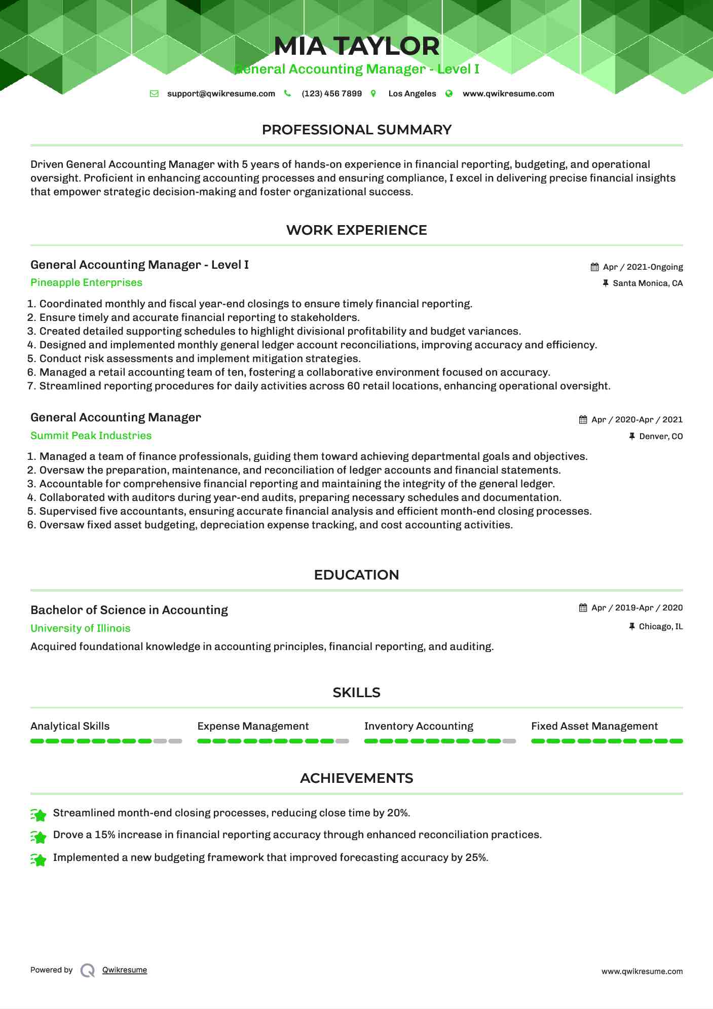 General Accounting Manager - Level I Resume Template