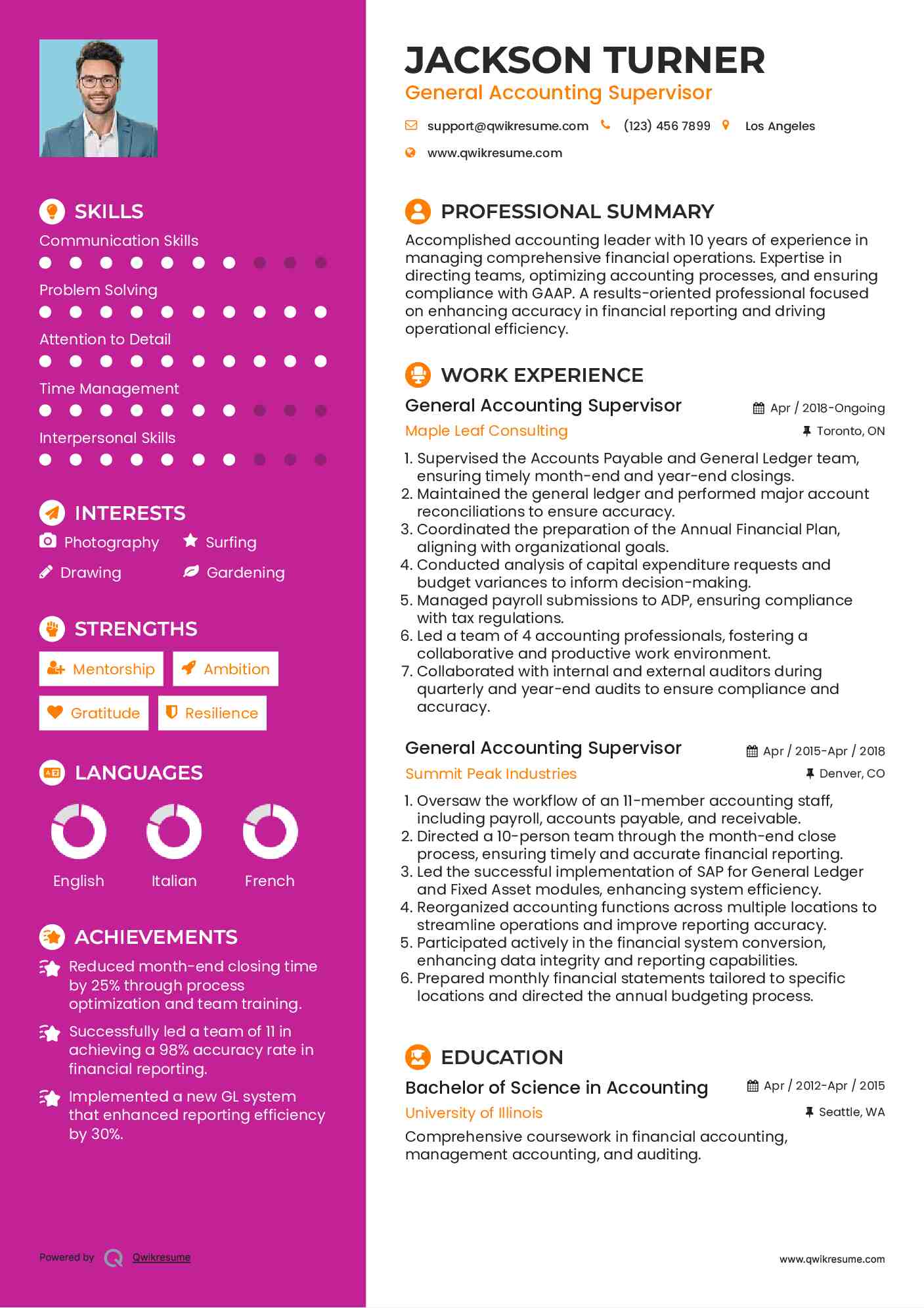 General Accounting Supervisor Resume Example
