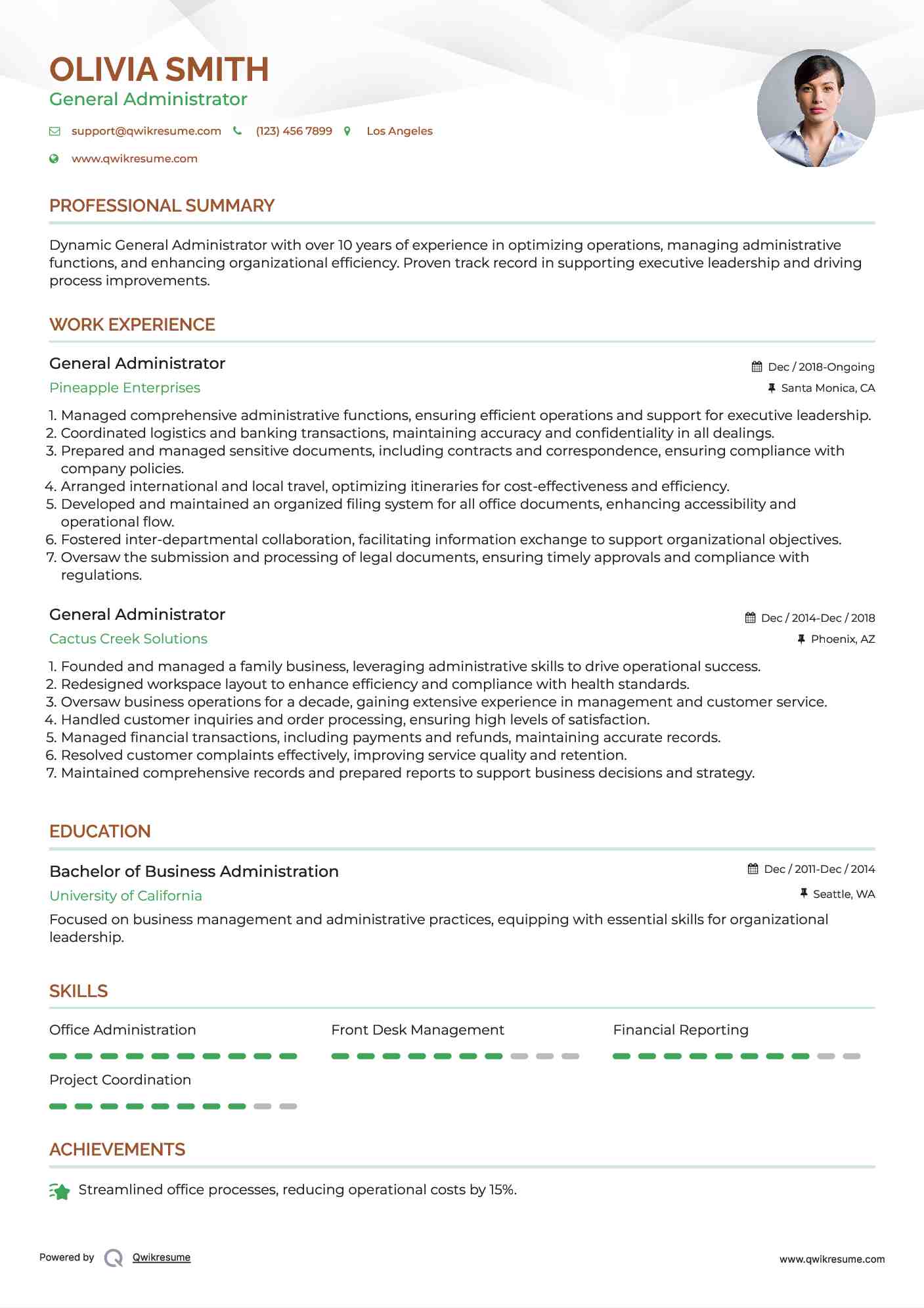 General Administrator Resume Model