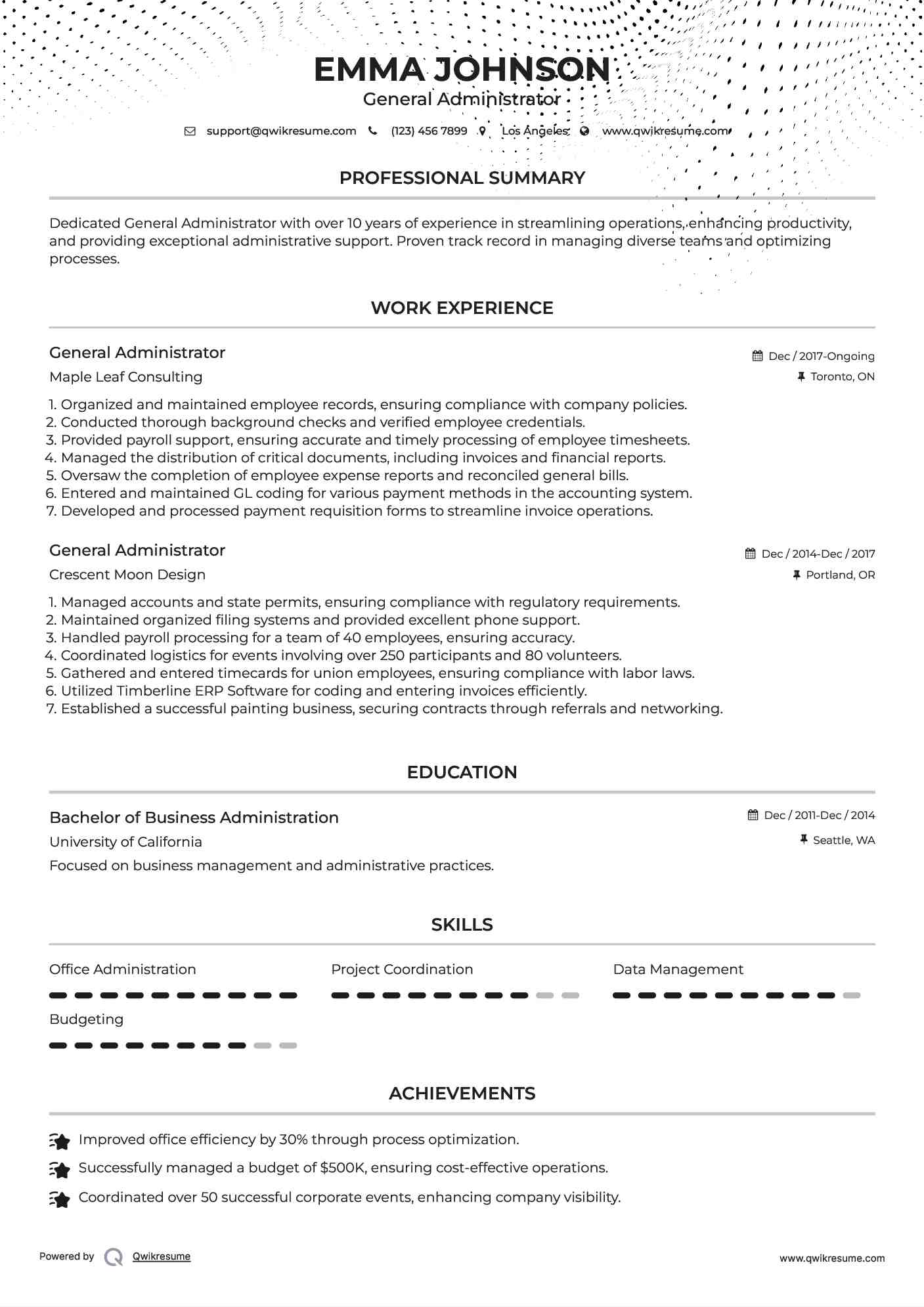 General Administrator Resume Model