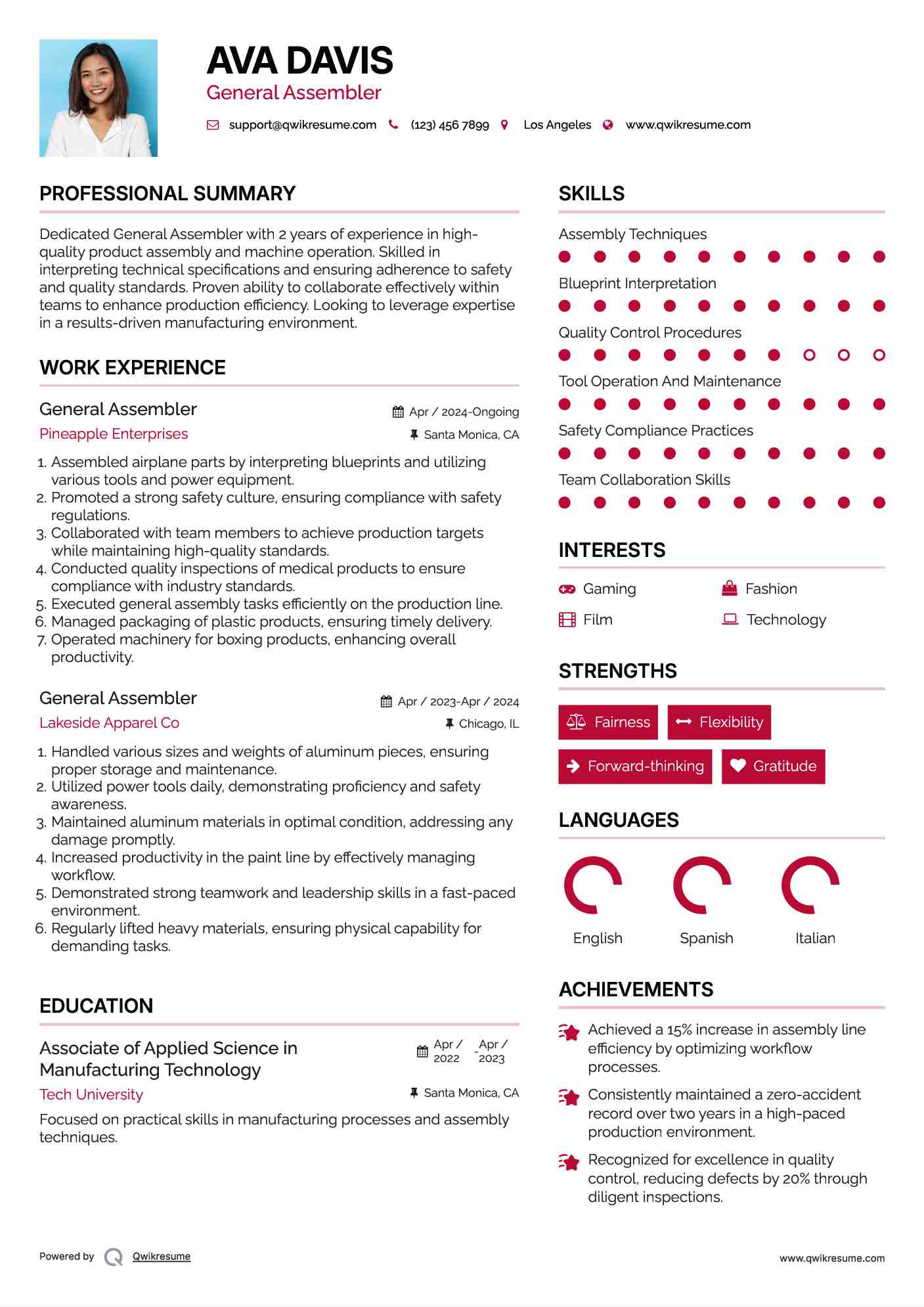 General Assembler Resume Model