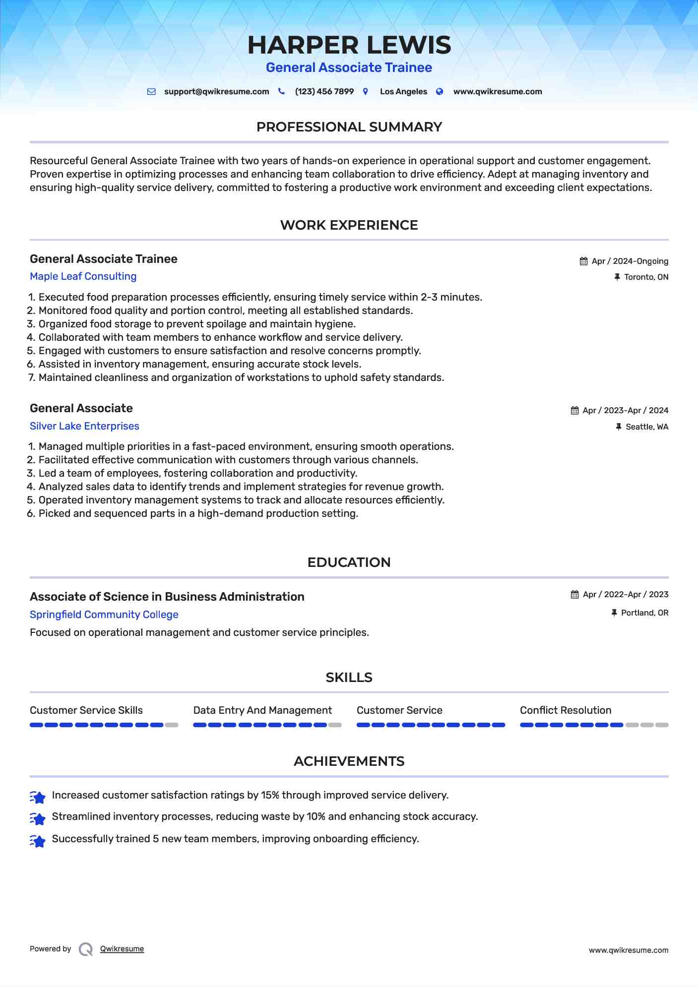 General Associate Trainee Resume Example