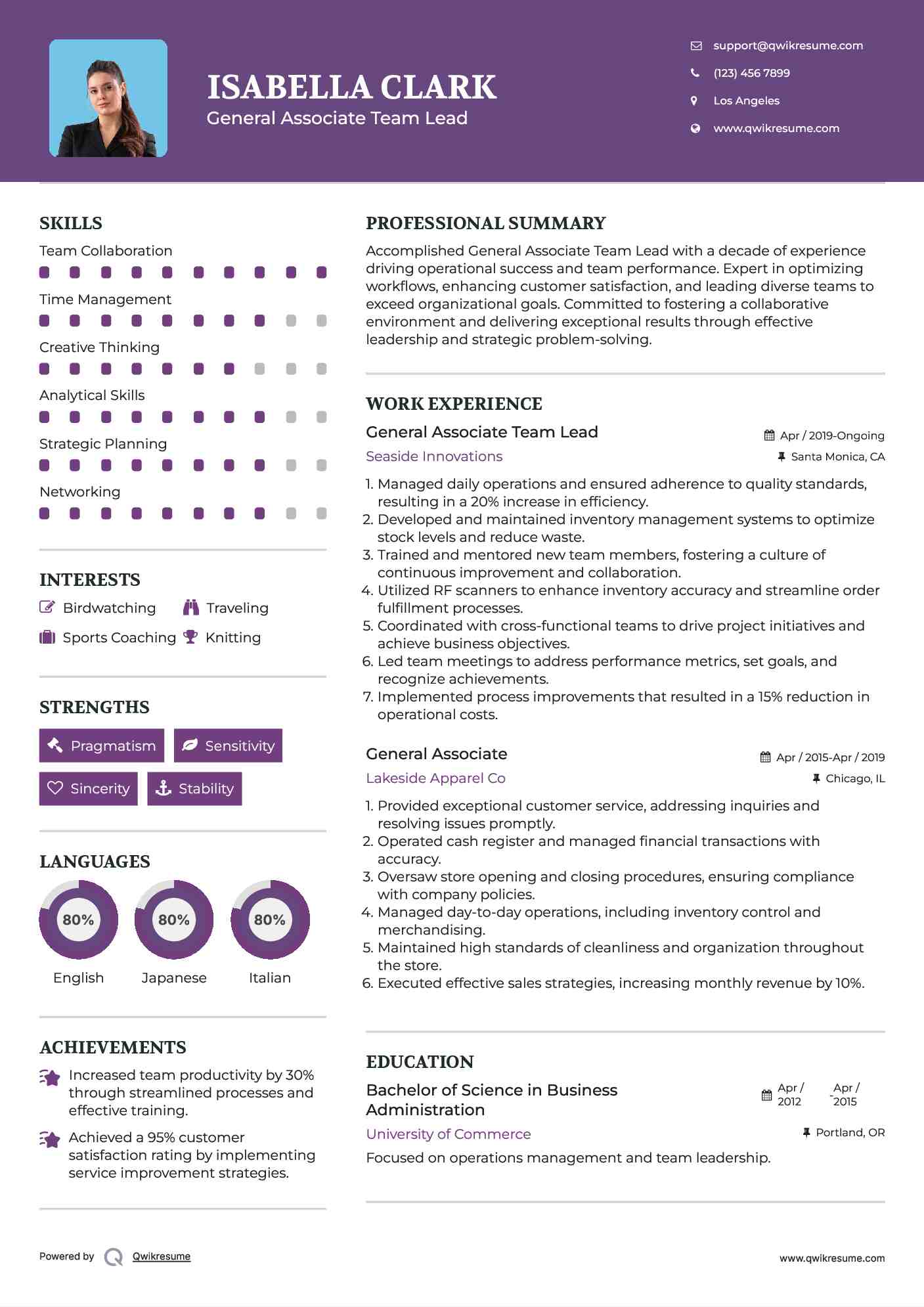 General Associate Team Lead Resume Sample