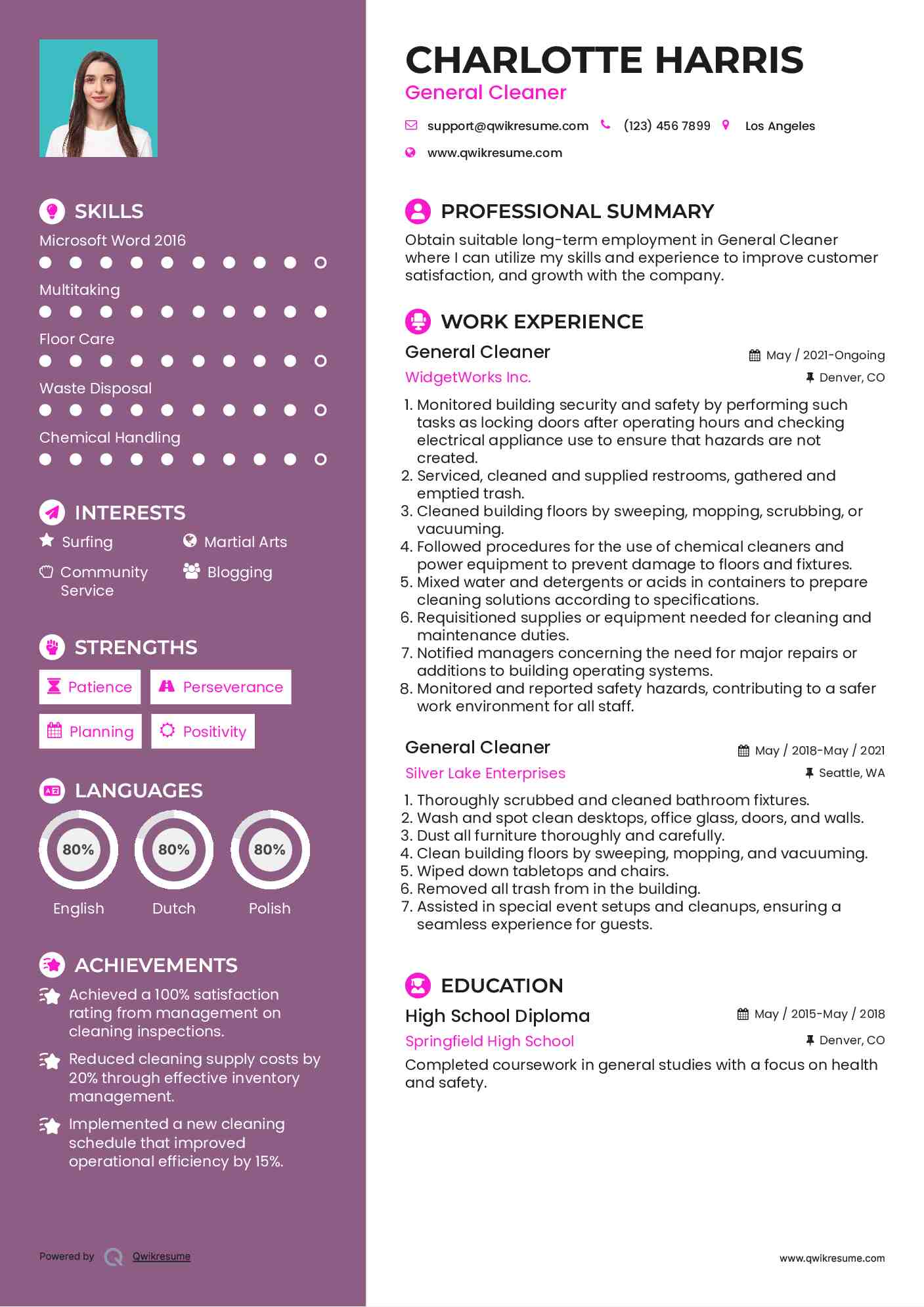 General Cleaner Resume Sample