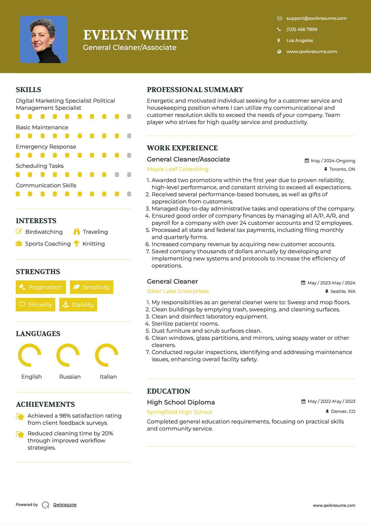 General Cleaner/Associate Resume Format