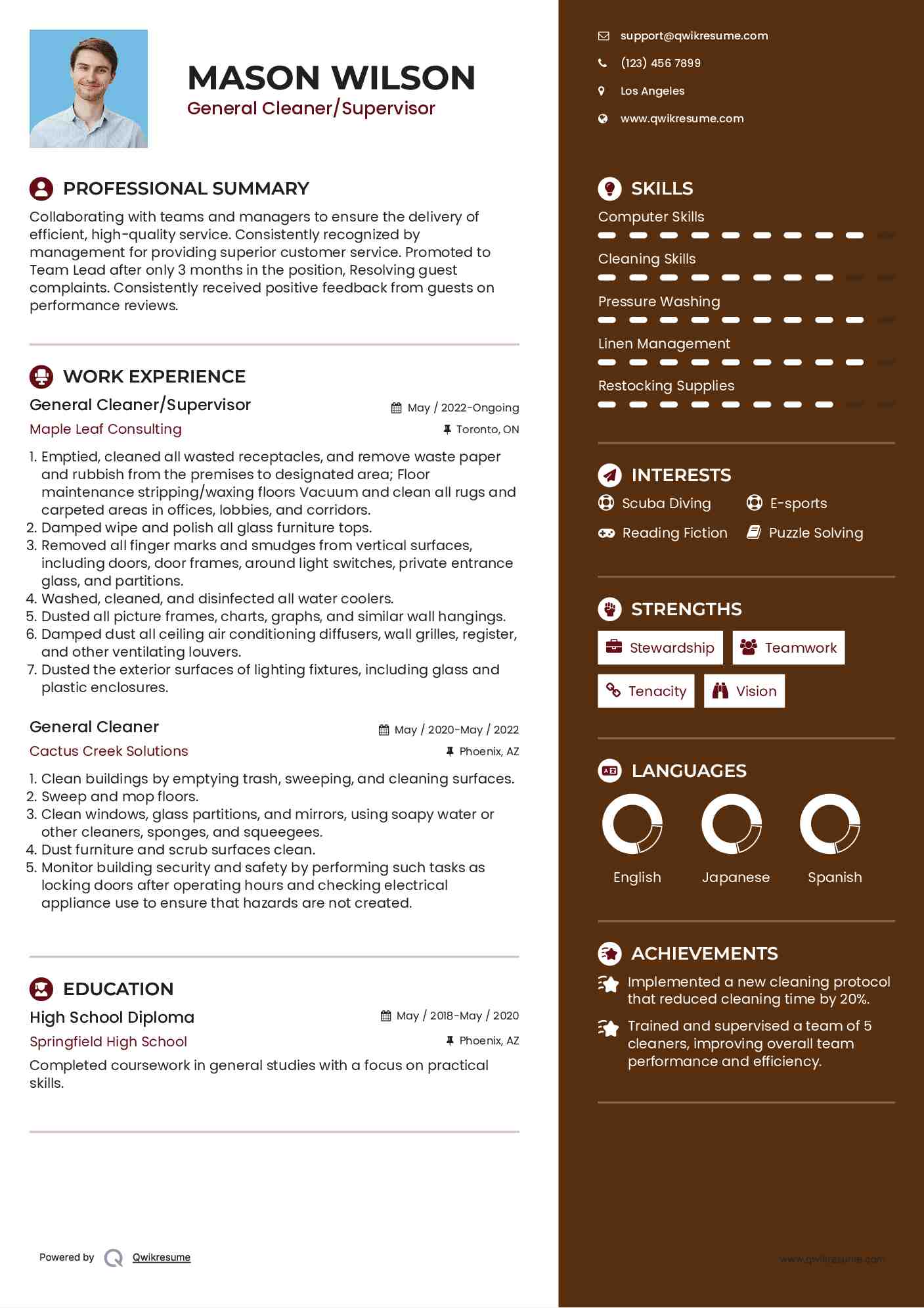 General Cleaner/Supervisor Resume Sample