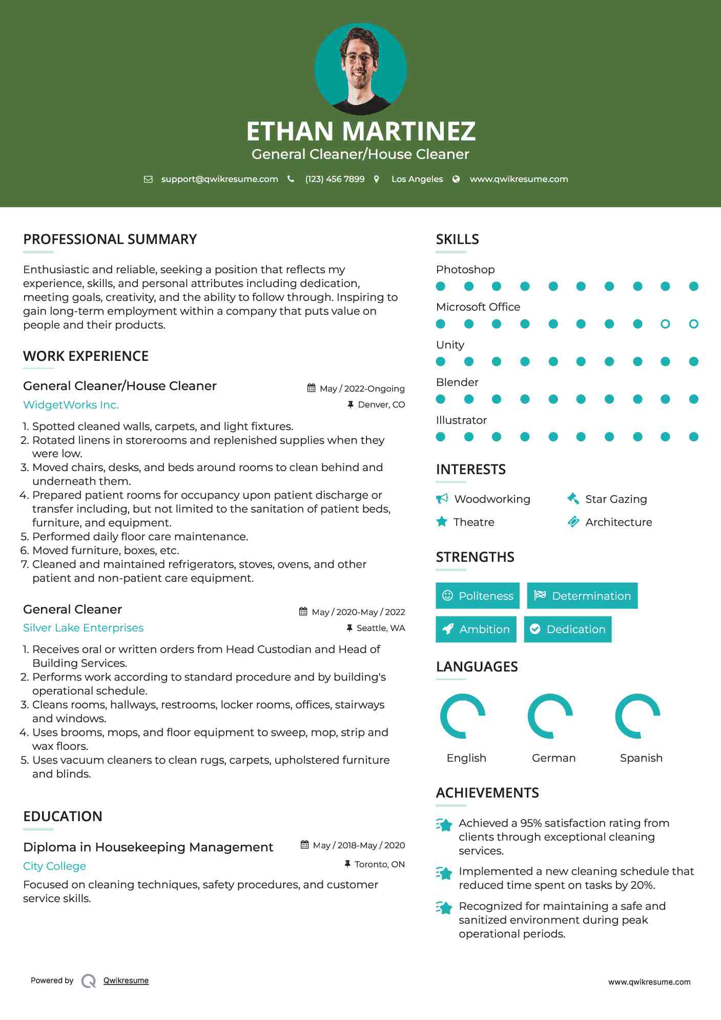 General Cleaner/House Cleaner Resume Sample